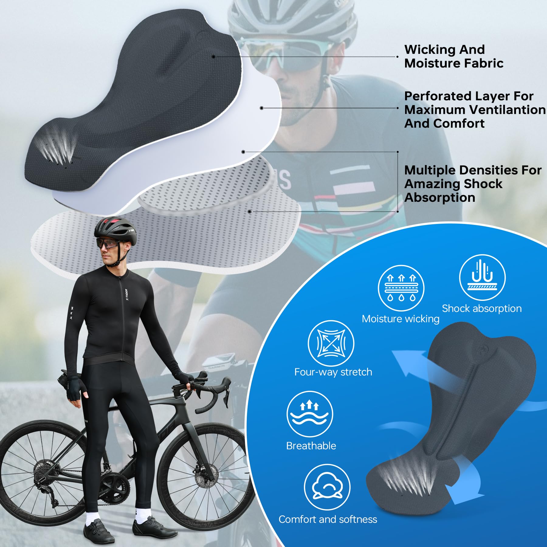 X-TIGER Cyclisme Pantalons Homme avec Padded Respirant Long Bike Compression Leggings Cycliste Pantalon de Vélo Pantalon
