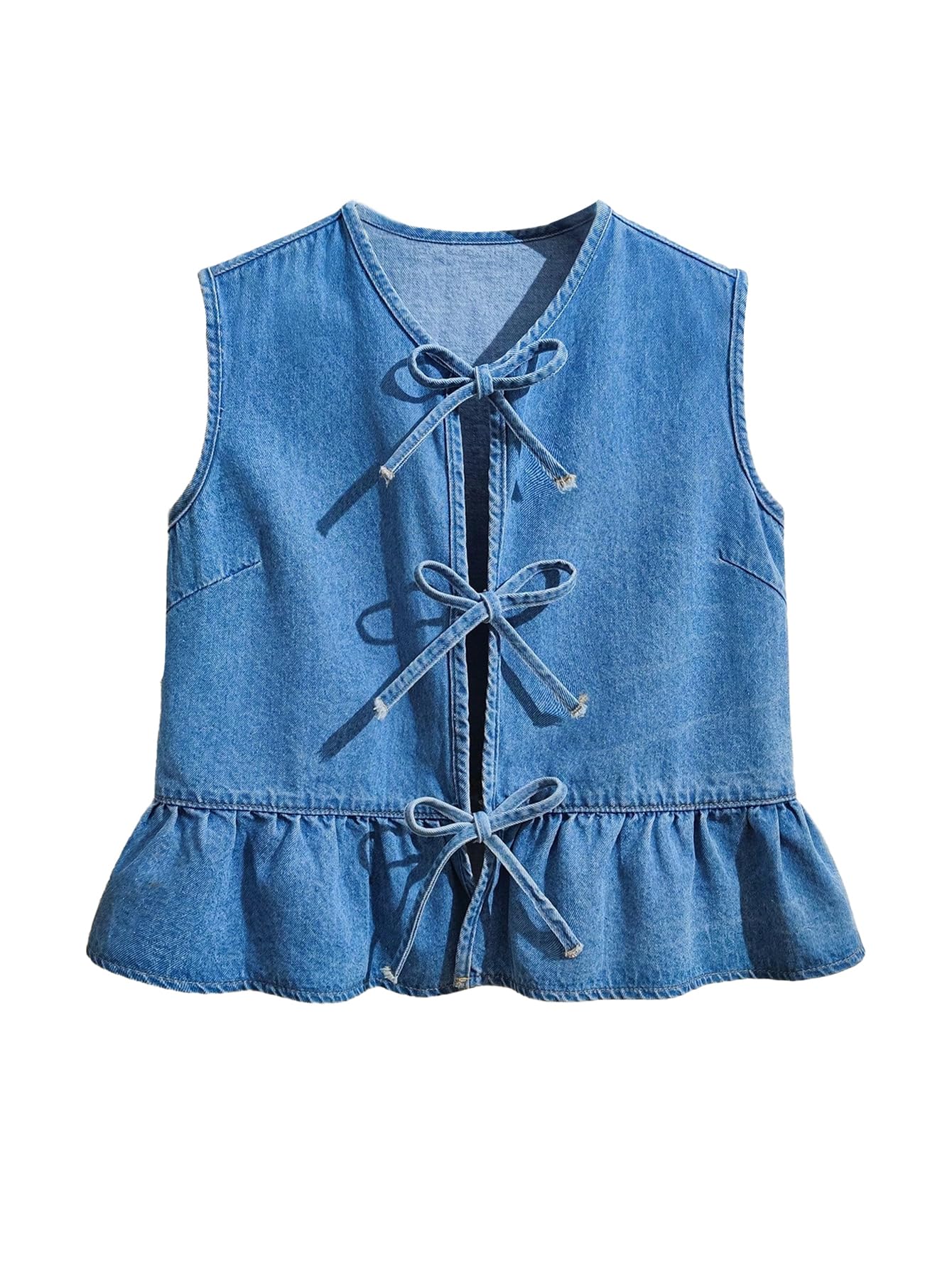 SHENHE Girls Tie Front Bow Denim Vest Ruffle Hem Sleeveless Cute Summer Jean Tank Top