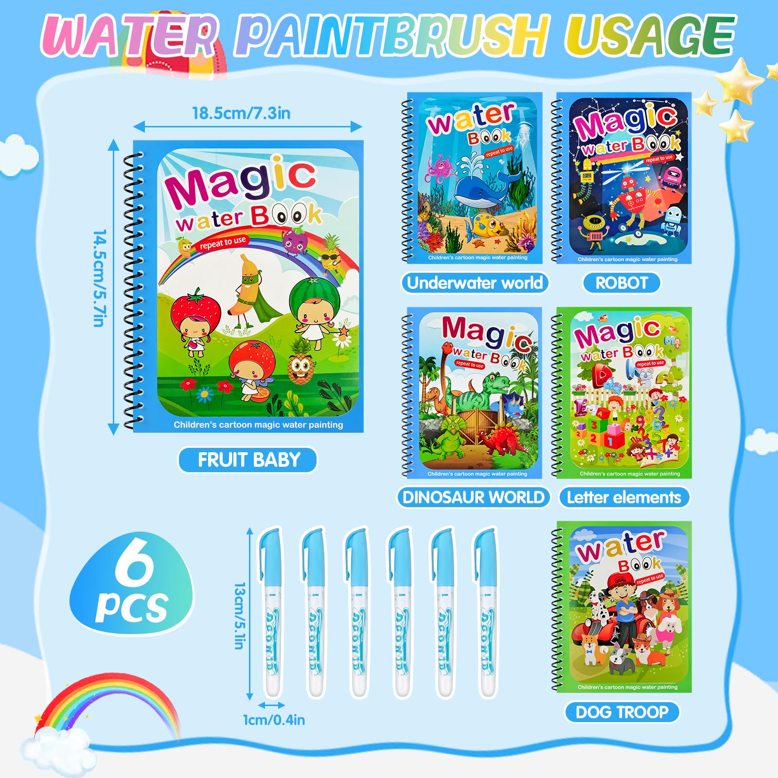 MINISOISO Magisches Wasser Malbuch, 6 Stück Magisches Doodle Malbuch mit Wasserstifte, Wiederverwendbares Magisches Malbücher Water Colouring Book,Wassermalbuch Kinder für 2 3 4 5 6 Jahre Alte, C MINISOISO Magisches Wasser Malbuch, 6 Stück Magisches Doodle Malbuch mit Wasserstifte, Wiederverwendbares Magisches Malbücher Water Colouring Book,Wassermalbuch Kinder für 2 3 4 5 6 Jahre Alte, C