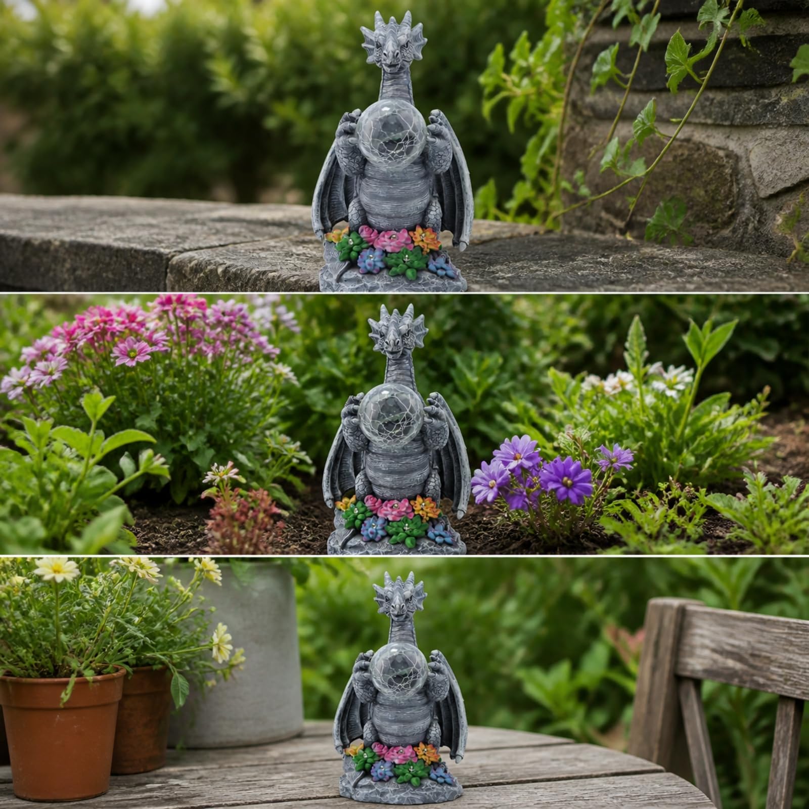 Ornamento con Drago Alato e Base Floreale Fantastico Statuetta di Drago con Decorazione da Giardino Fantasy per Cortile, Aiuola