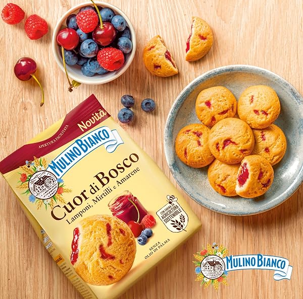 Mulino Bianco Biscotti Frollini Cuor di Bosco, con Lamponi, Mirtilli e Amarene, Colazione Ricca di Gusto, Senza Olio di Palma - 300 g - 5