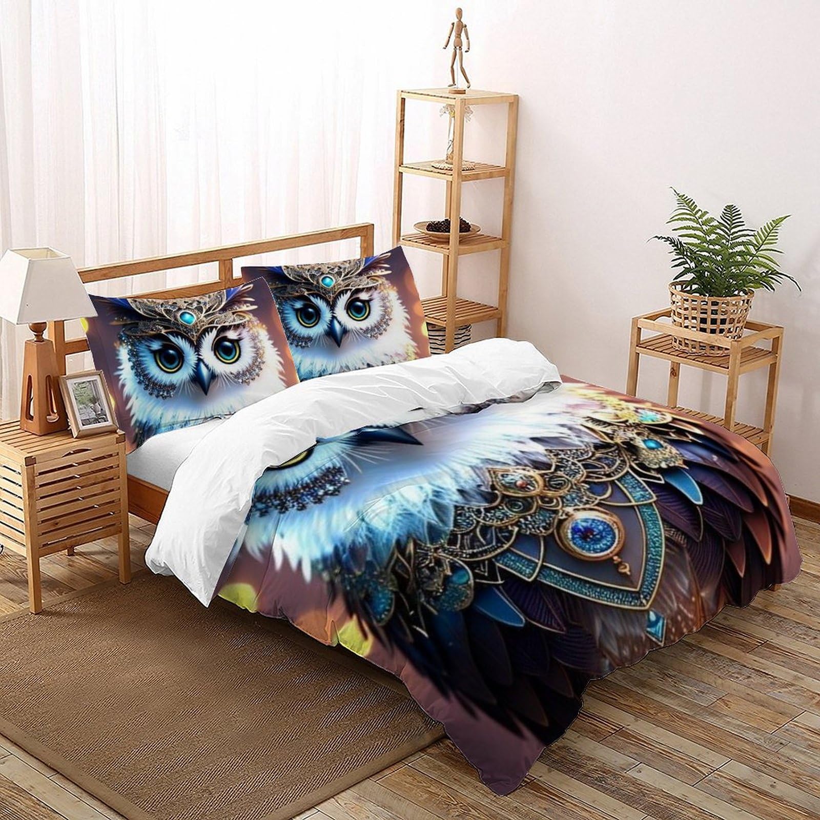 Parure d'impression 3D 100% coton 260x220 cm La Chouette avec 2 taies d'oreiller
