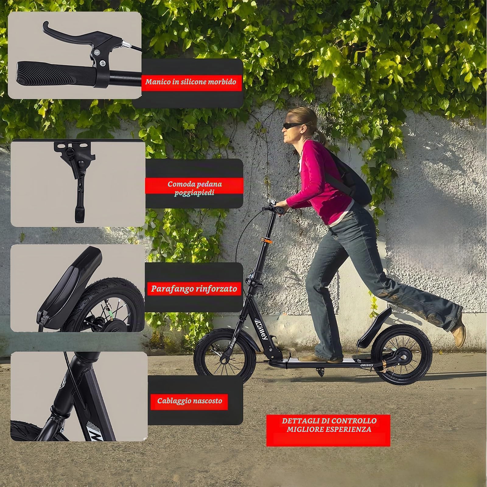City Roller Kickscooter Adulti, Monopattino con Ruote Grandi da 290mm, Monopattino da Città Pieghevole con Freno a Mano e Freno, Altezza Regolabile, Capacità di Carico 150 kg