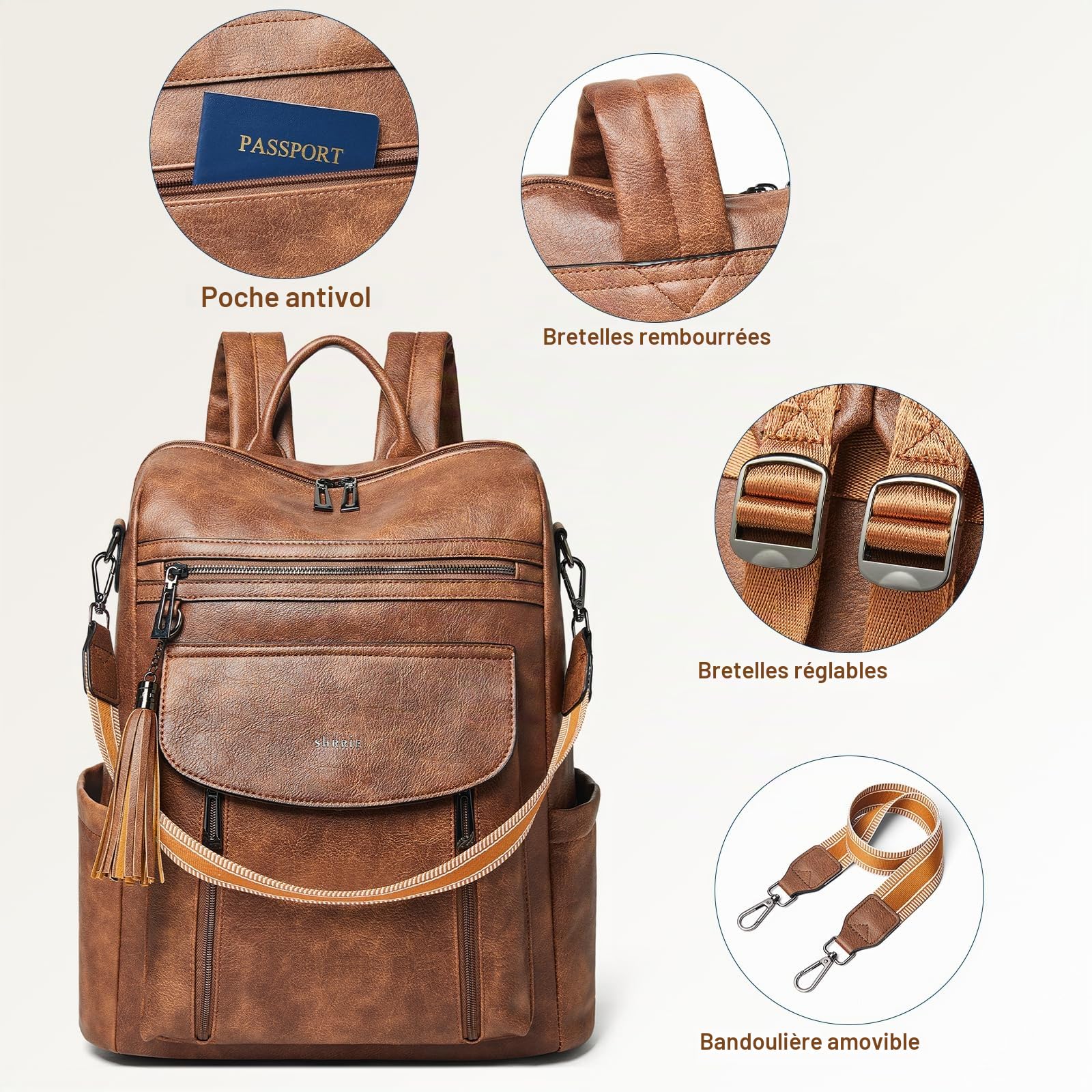 Shrrie Sac à dos élégant ordinateur portable femme 15,6 pouces en cuir | Sac à jour professionnel résistant à l'eau convertible,antivol,compartiment ordinateur, adapté travail,tourisme,école