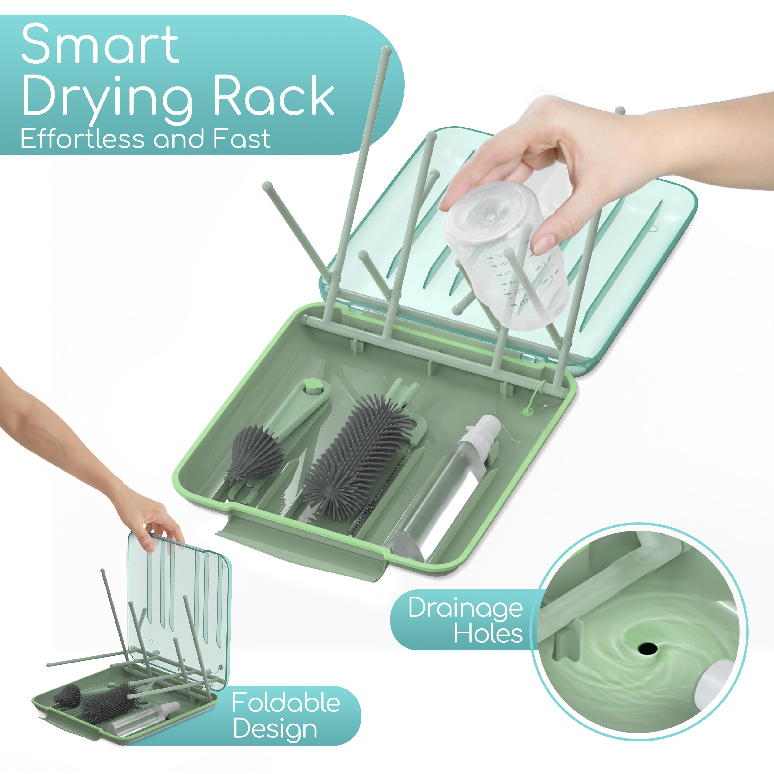 Kit de limpieza de biberones de viaje, versátil kit de limpieza de biberones portátil para padres, sin BPA y portátil, esencial de viaje para bebé, estante de secado de biberones para viajes y uso
