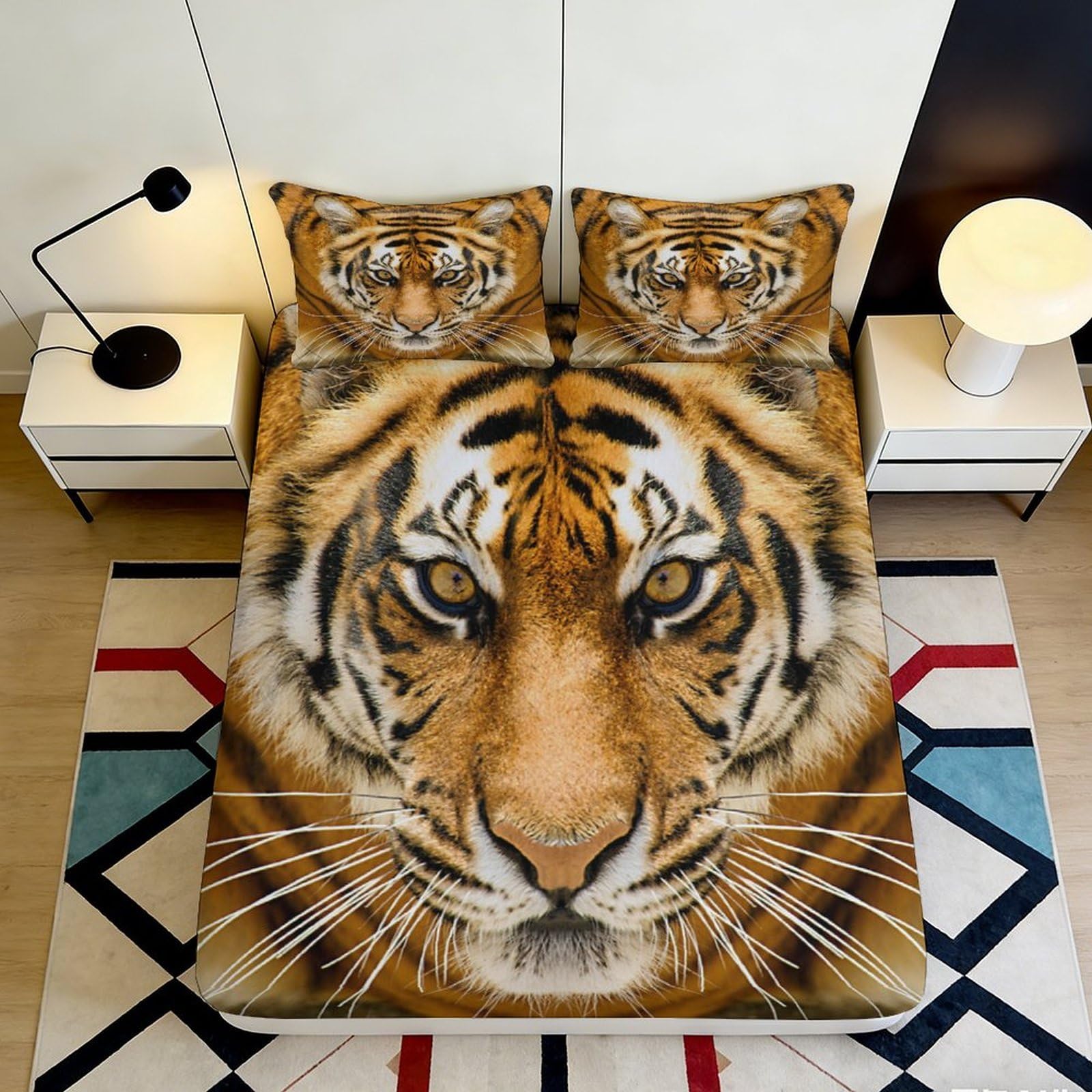 3D Printed Tiger Pattern Fitted Sheet Microfiber Deep Pocket Bedroom Bedding Elastic Hem Tiger Mattress Fitted Cover Non-Slip Washable 200x200x25cm 90x200x25cm