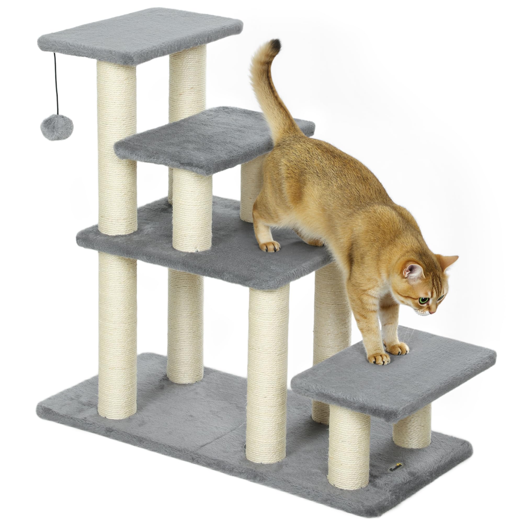 PawHut Escalera para Mascotas Ajustable de 3/4 Peldaños, Escalera para Gatos con Postes Rascadores y Bola Colgante, para Alféizares, Sofá y Cama, Gris