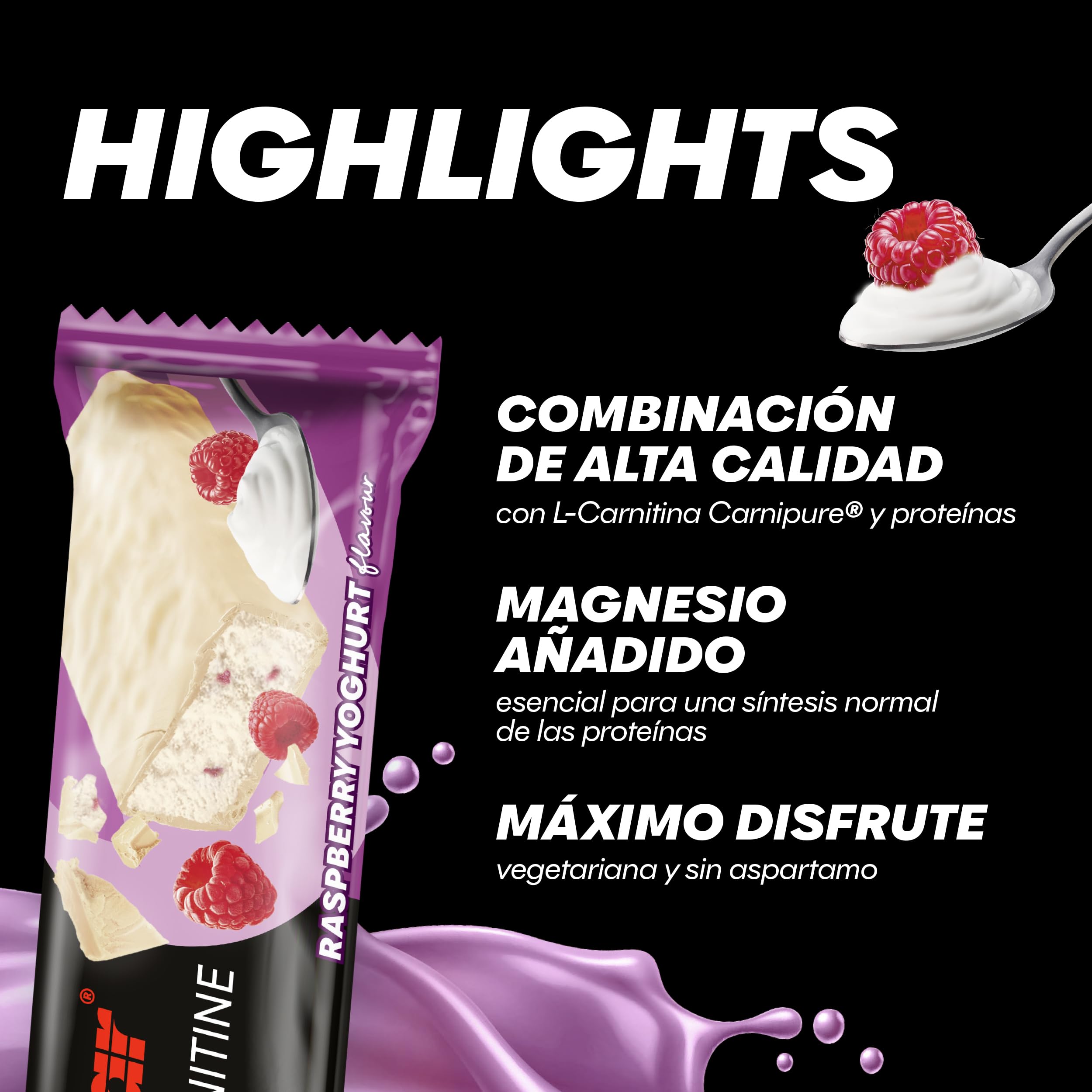 Powerbar - Protein Plus mit L-Carnitine - Raspberry Yoghurt - 30x35g - Barrita proteica con magnesio, calcio y L-carnitina - sin colágeno