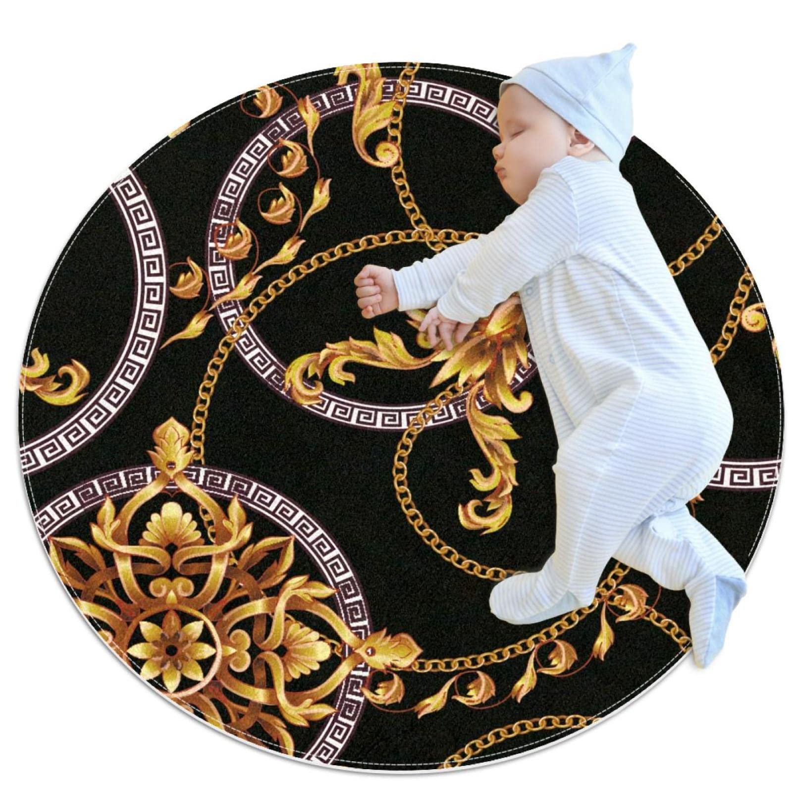 Tapis baroque doré antidérapant sécurisé rond 1m anti-glisse