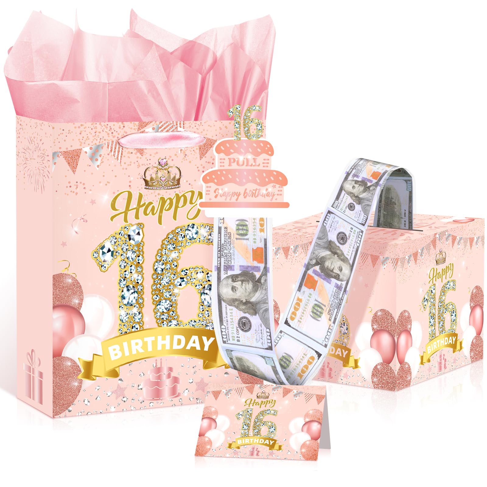 Rose Gold Pink 16th Birthday Money Box and Gift Bag with Wrapping Paper Card for Decorations Party Supplies