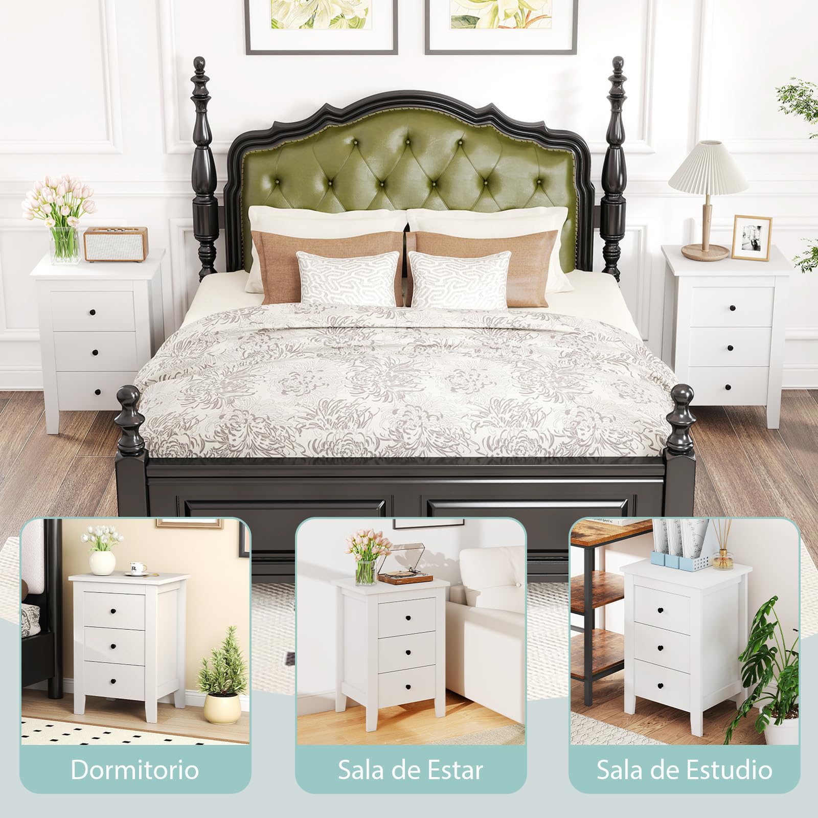 RELAX4LIFE Mesita de Noche con 3 Cajones, Mesilla de Noche de MDF con Asa y Deslizadores Metálicos, Mesa Auxiliar para Dormitorio, Salón, Estudio y Oficina, 46 x 37 x 65 cm (1, Blanco)