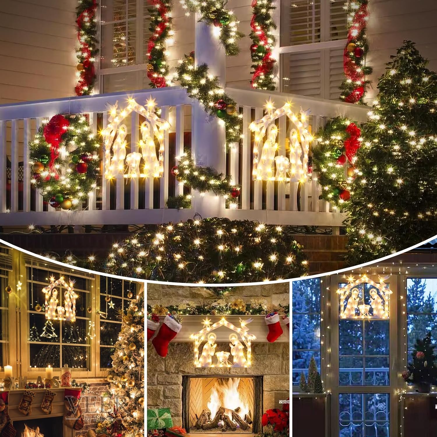 GlobaLink Luces Nacimientos de Navidad con 50LEDS, 8 Modos Impermeables iP44 Función de Memoria Nacimientos Navidad Decorativas para Interior y Exterior, Ventana, Pared, Escaparate, Blanco Cálido