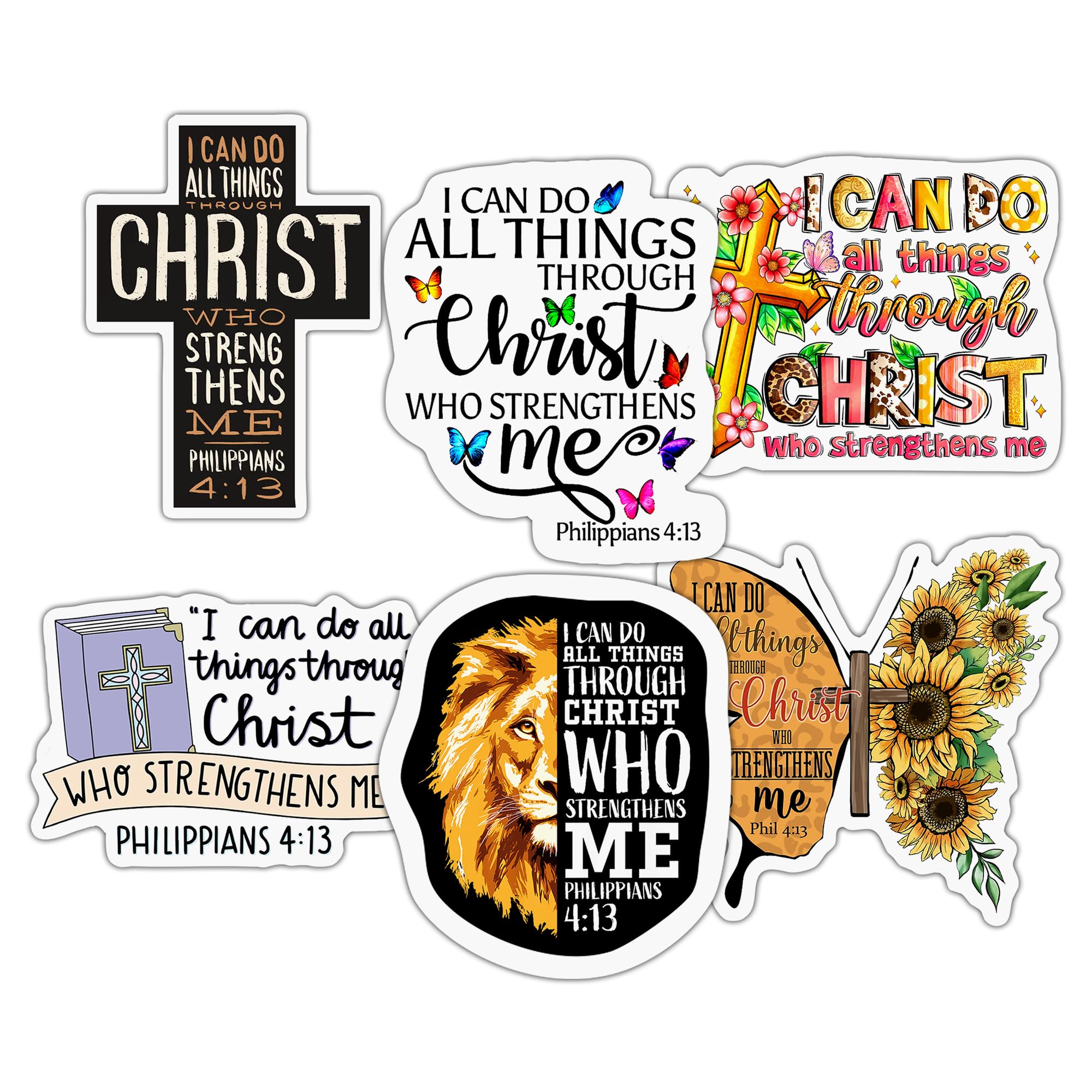 Pack of 6 Philippians 4:13 Christian Stickers – I Can Do All Things Through Christ – Waterproof Vinyl Bible Verse Decals, 3 Inch Removable Matte for