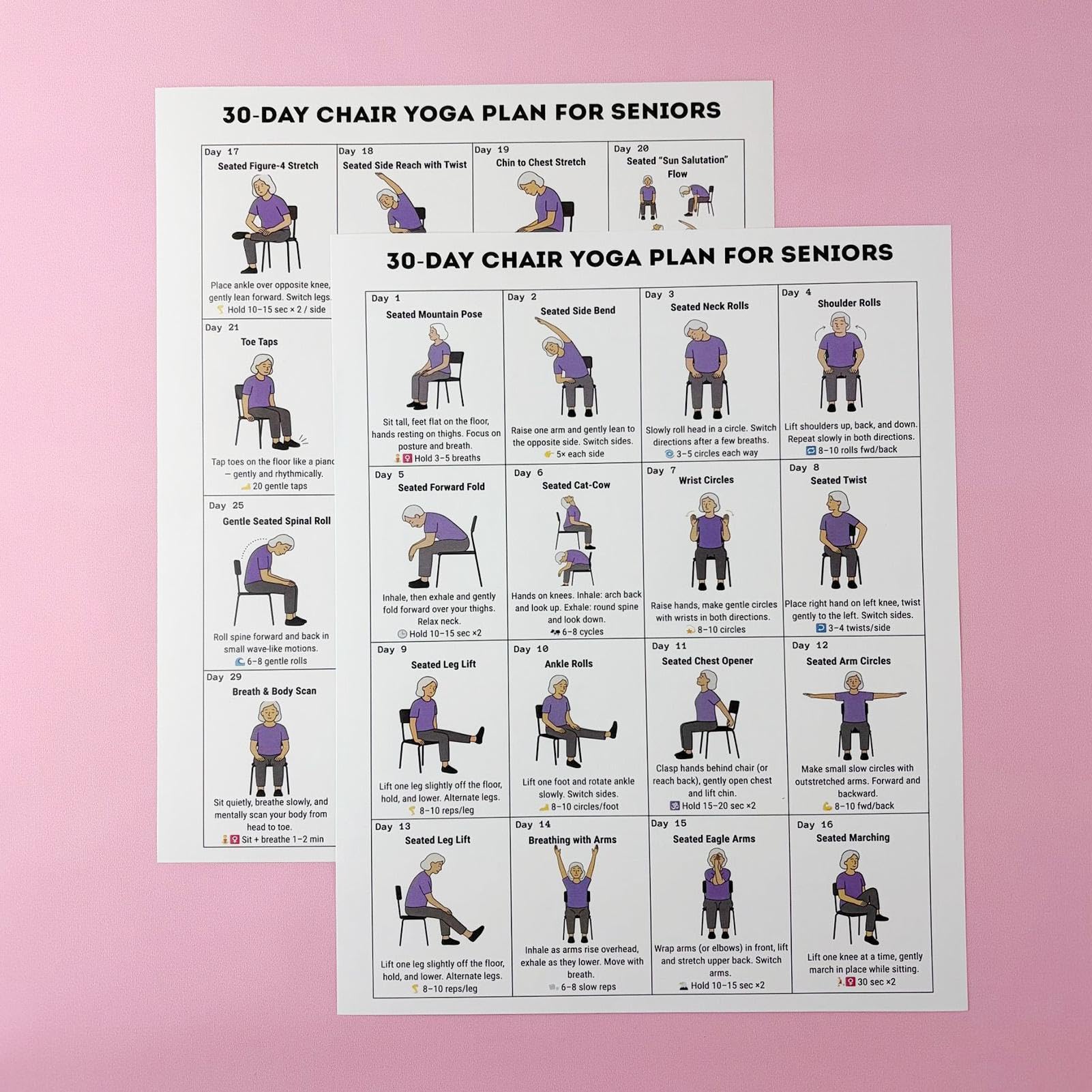 Plakat fitness w pozycji siedzącej, wykres jogi na krześle, przewodnik ćwiczeń 20 x 25 cm z ilustrowanymi krokami, ekspozycja papieru dla osób starszych, układ instrukcji montażu na ścianie
