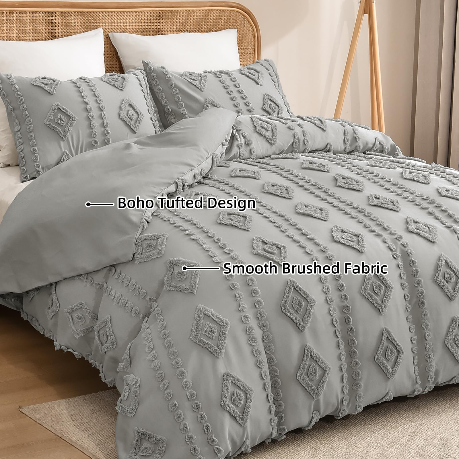 PHF Boho Duvet Cover King Size, Soft Tufted Duvet Cover Set for All Seasons, 3 Pieces Textured Shabby Chic Bedding Set with 2 Pillowcases, Frosted Grey, 104