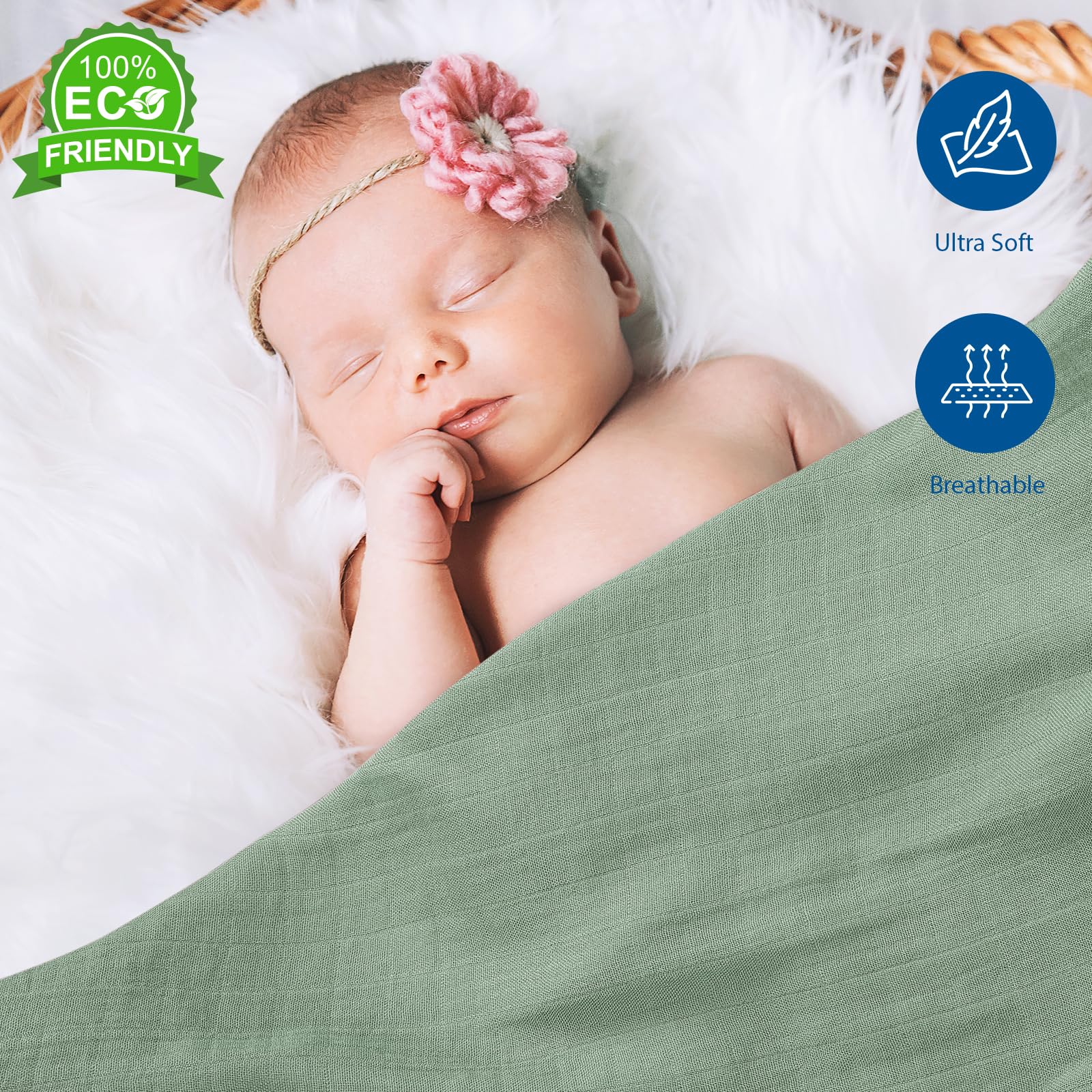 Yoofoss Muslin Cloths for Baby Muslin Squares 6 Pack Large 70 x 70cm Soft and Absorbent Cotton Burp Cloths for Newborn Girls Boys-Green - Image 3