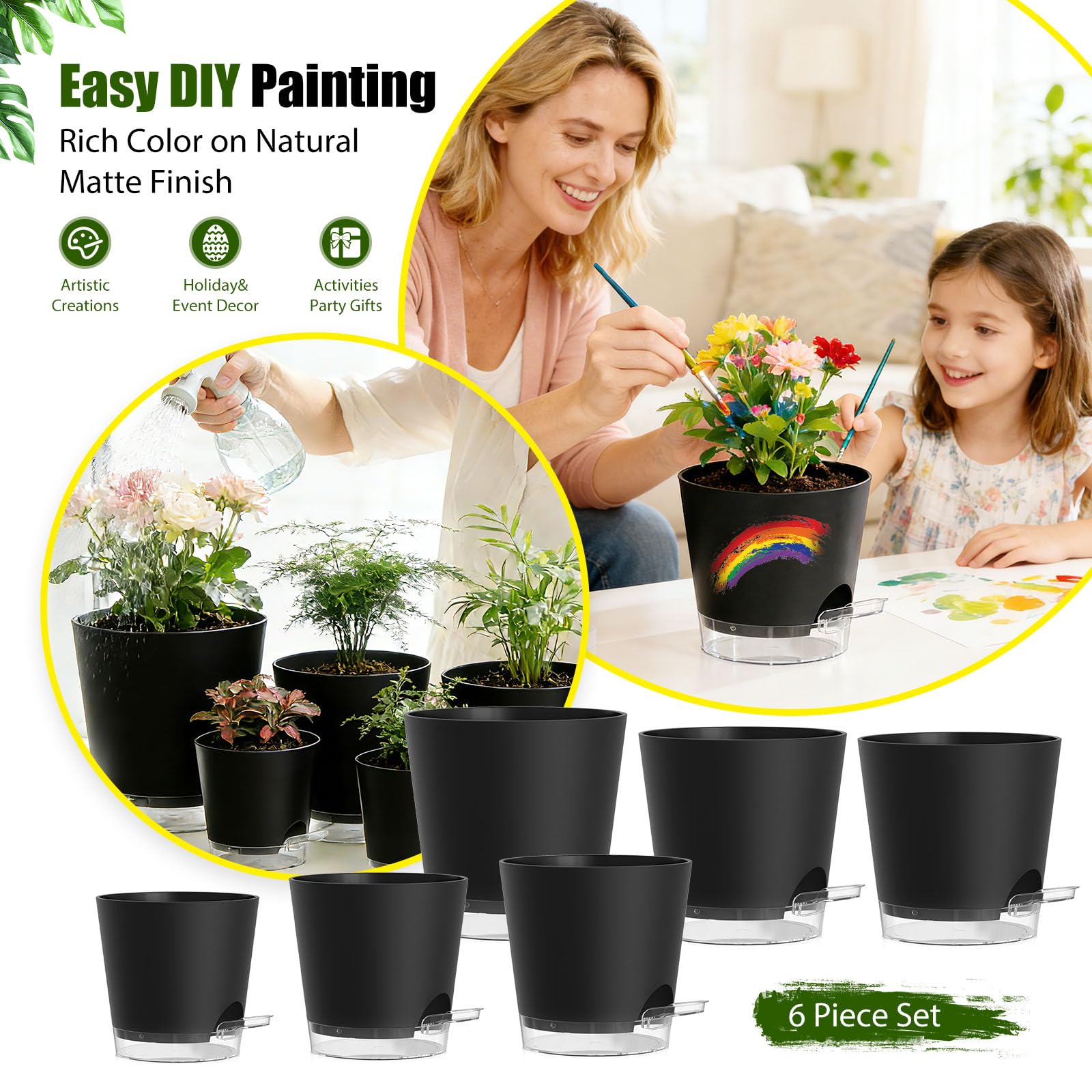 Lot de 6 pots de fleurs en plastique avec trous de drainage et soucoupes transparentes, pots de fleurs en plastique pour intérieur et extérieur (noir)