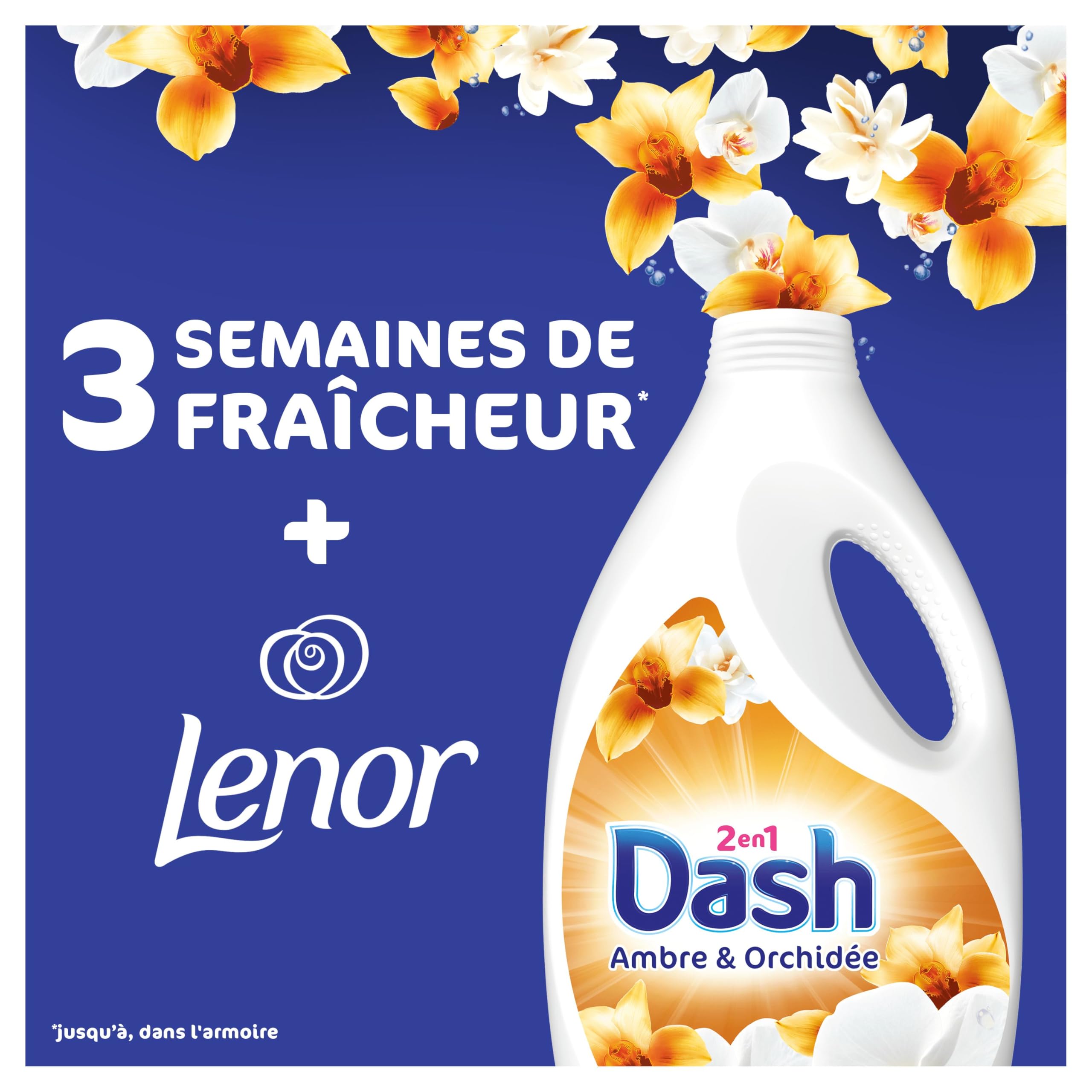 Dash 2en1 Lessive Liquide, 160 Lavages (4 x 40 Lavages), Ambre & Orchidée, avec 3 SEMAINES DE FRAÎCHEUR* et Lenor, Fabriquée En France, Dash 2in1