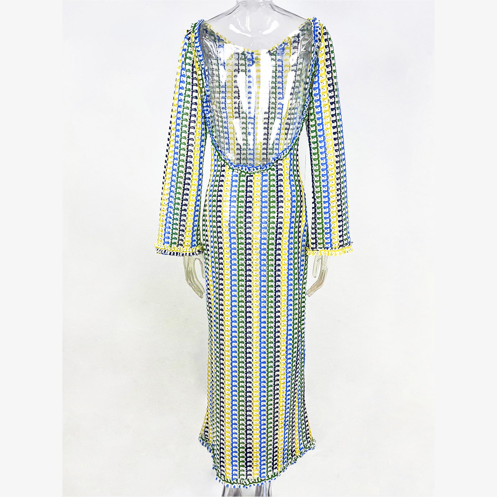 Coverup - Vestito da spiaggia a maniche lunghe, lavorato a maglia, lunghezza intera, da donna, con schiena scoperta, abbigliamento da spiaggia
