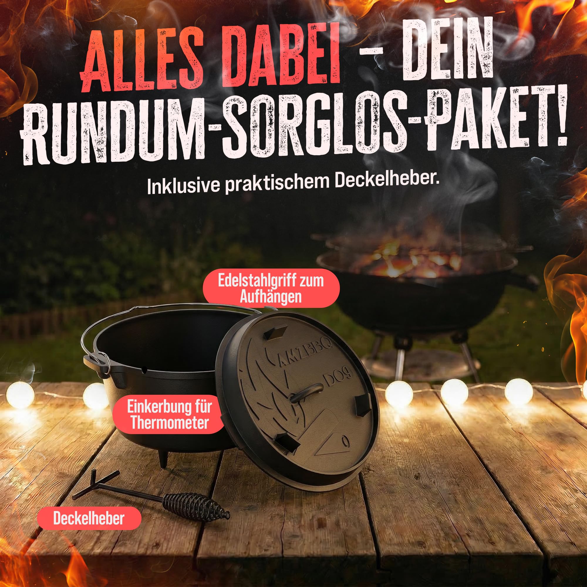 AMZBBQ® Premium Dutch Oven – Doppelt Eingebrannter Gusseisen Feuertopf – Rostbeständiger Schmortopf für Grill, Briketts, Lagerfeuer & Outdoor – inkl. Deckelheber – 9 Liter & Mit Füße