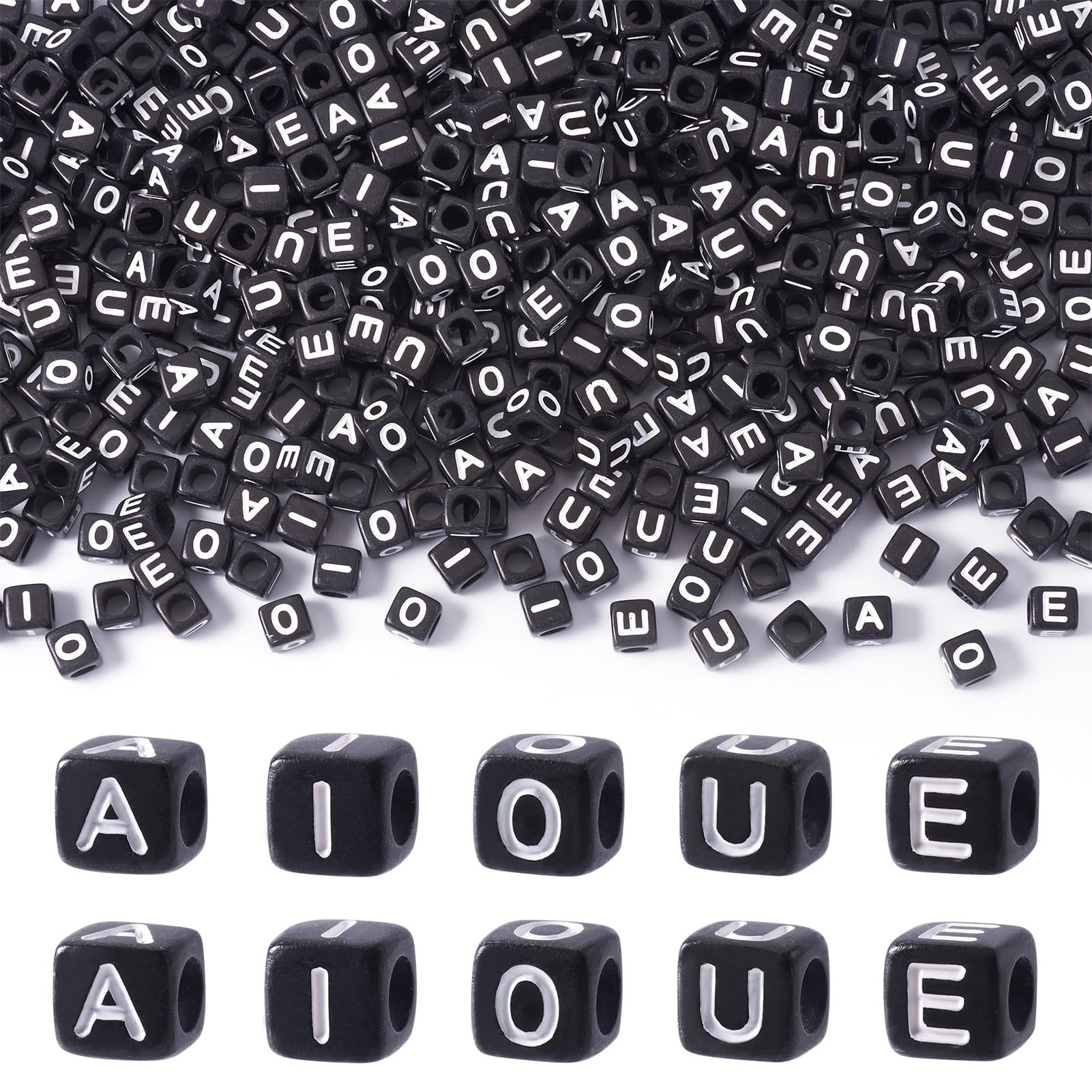FASHEWELRY 500Pcs 6mm Black Cube Acrylic Letter Beads A E I O U Initial Alphabet Beads for Friendship Bracelet Necklace Jewelry Making DIY Crafts