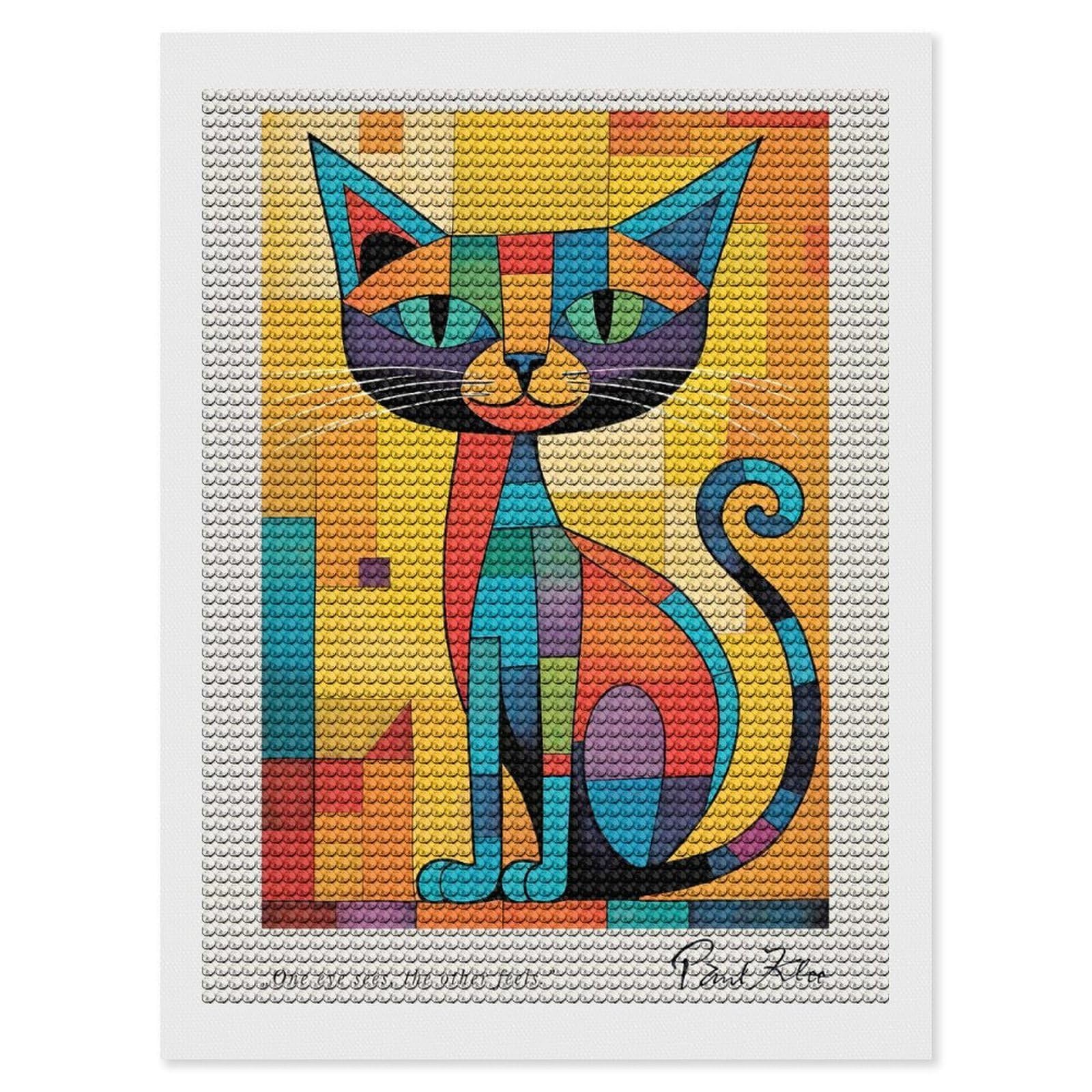 Junmoney Colorful Cat Art Diamond Painting Canvas Set 12"x16", for Beginners, Complete Accessories, Christmas Gift, Modern Decor