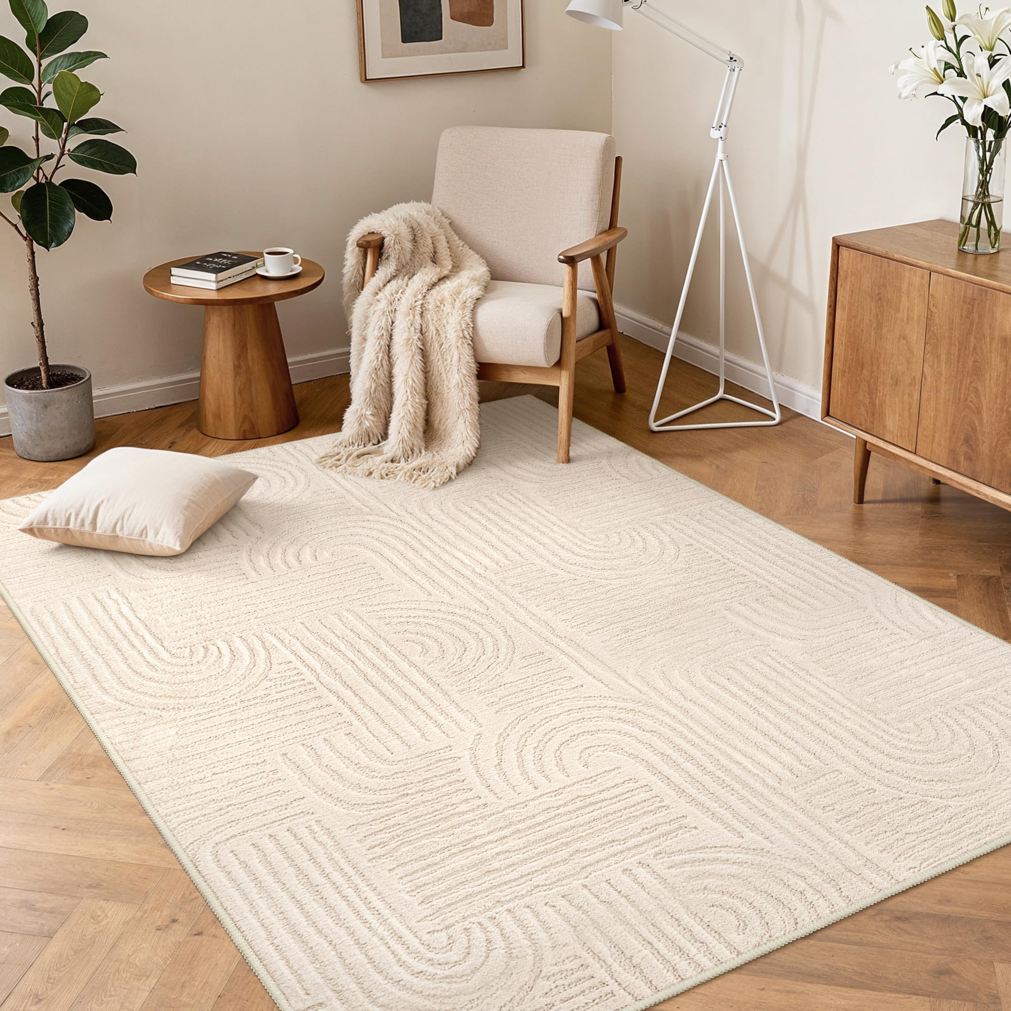 BEIMO Soft Washable Rug 120x160 cm, Area Rug Non Slip Carpet Living Room Bedroom Kitchen Dining, Bohemia Geometric Beige