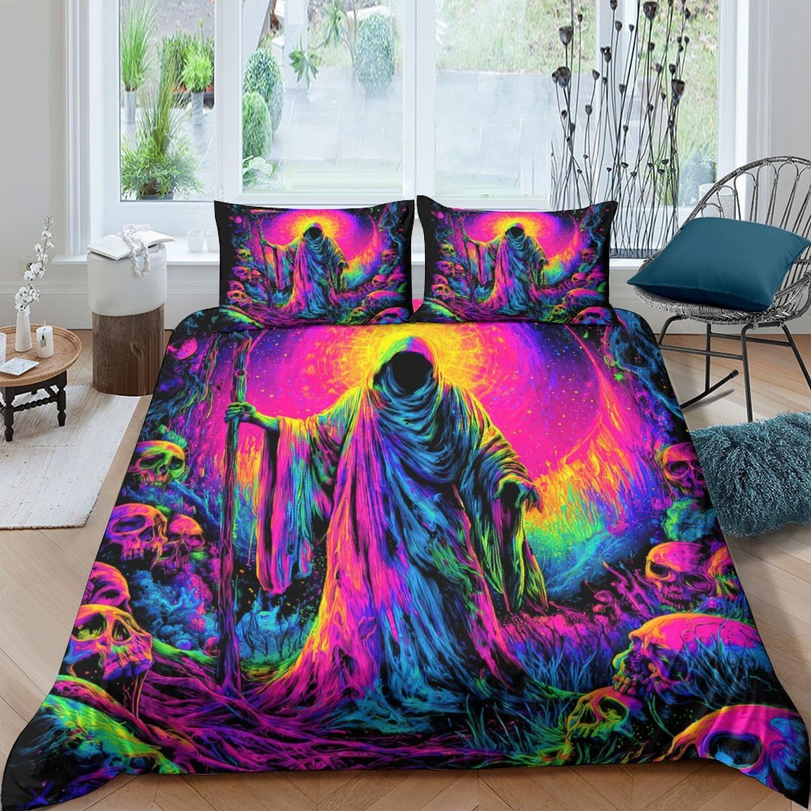 Ctjqhvkz Style-7 3D Printed Neon Grim Reaper Fitted Sheet Microfiber Soft Skull Bed Cover For Bedroom Dorm Mattress Protection Decor Single（135X200cm）