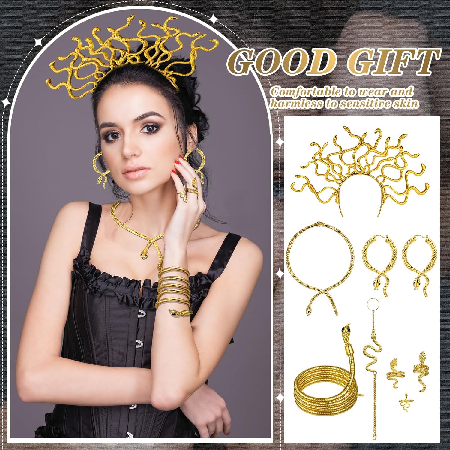 8 Pcs Halloween Medusa Jewelry Set Snake Costumes Accessories Bracelet Necklace Earring Ring Headpiece Punk Jewelry Gothic Tiara Headband Party Outfit Accessories for Women - Image 3