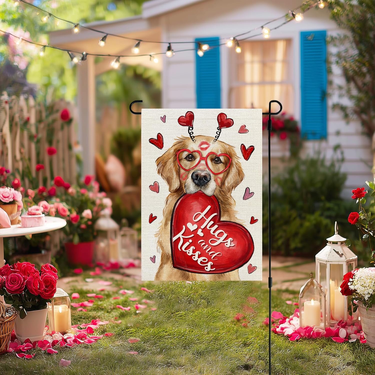 CROWNED BEAUTY Valentines Day Garden Flag Dog Heart 12x18 Inch Double Sided Red Hugs Kisses Welcome Decoration for Outside Yard CF1913-12 - Image 7