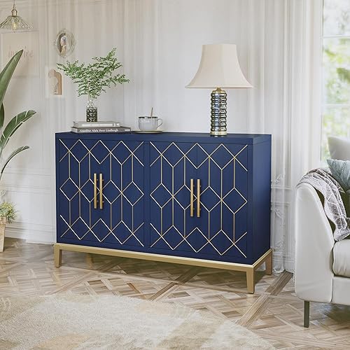 Miniatura 6 de HLR Armario decorativo de 48 pulgadas con 4 puertas y estantes, armario de almacenamiento moderno con borde dorado, aparador buffet para sala de