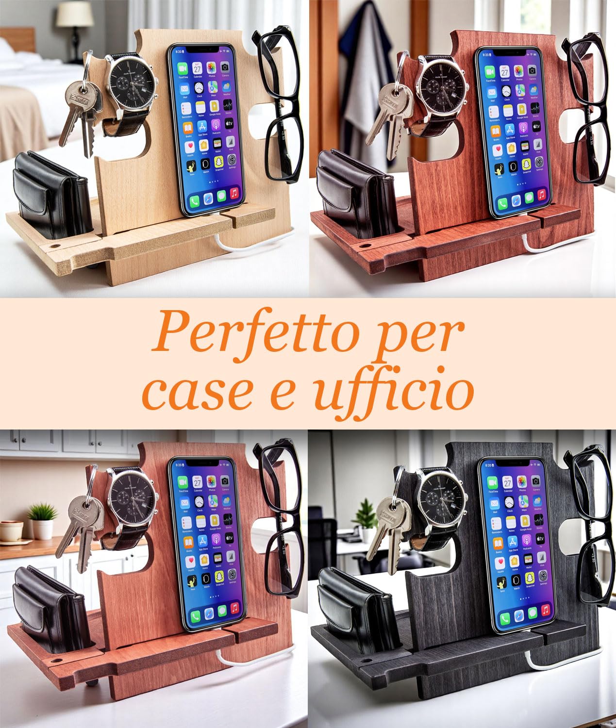 Greta Oto Svuotatasche in Legno Personalizzato Organizer da Scrivania e Comodino con Supporto per Smartphone Porta Orologi Regalo Festa del Papà