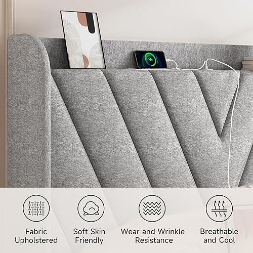 Miniatura 4 de Base de cama Queen con cabecero, base de cama tapizada ajustable con puertos tipo C y USB, cabecera de almacenamiento con respaldo de ala, soporte