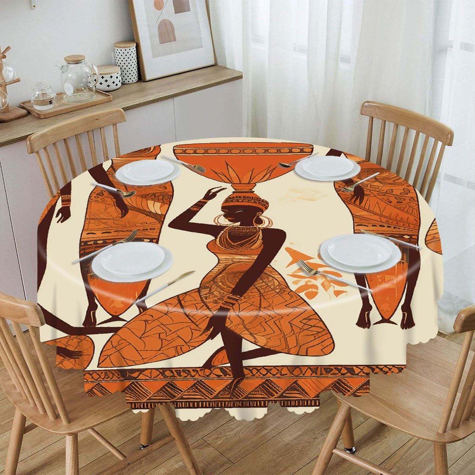 VstaDank African Tribal Woman Round Tablecloth 60 Inch Easy to Clean Circle Table Cover Thick Decorative Round Polyester Table Cloth for Dining Kitchen Party Farmhouse Outdoor