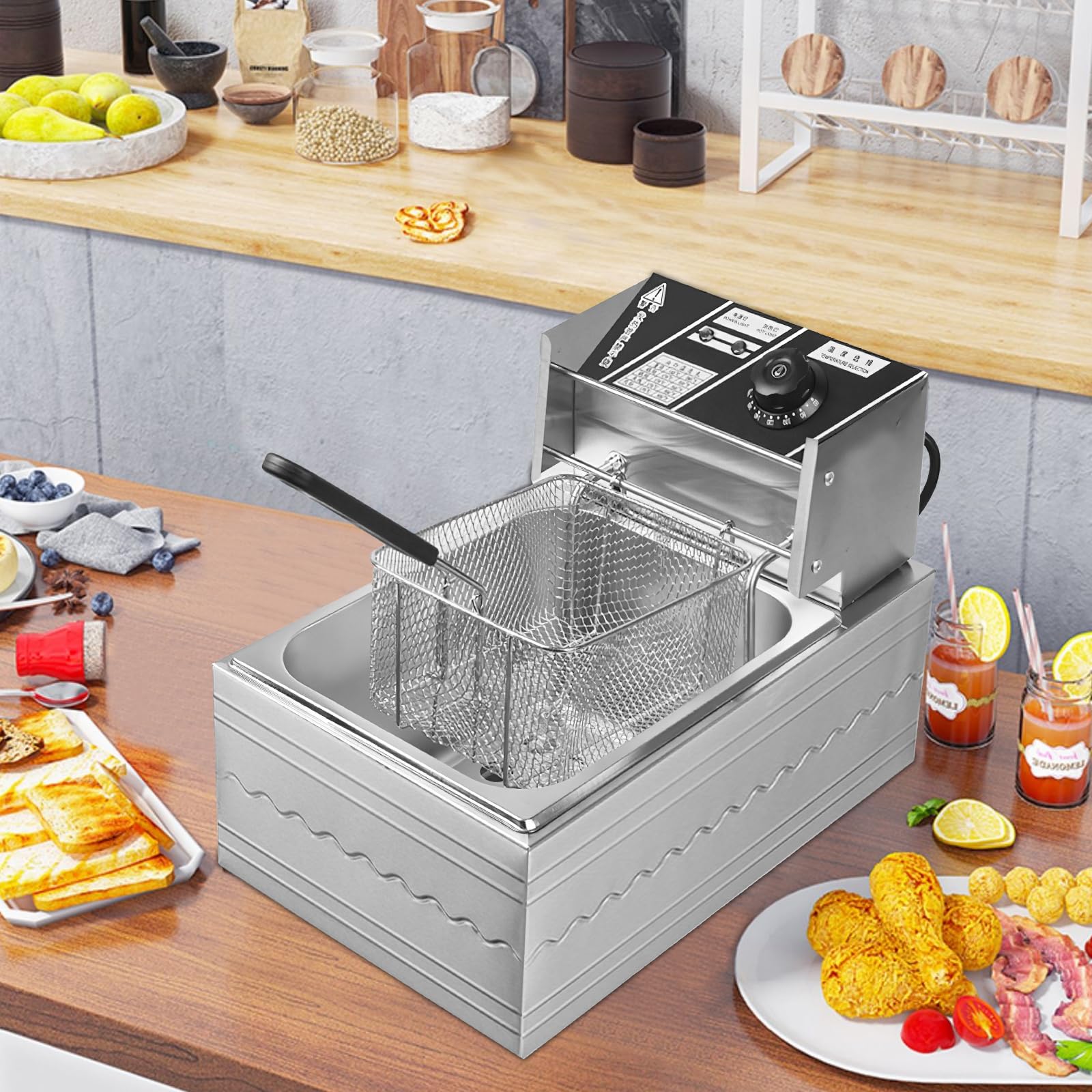 Freidora de Aceite 6L,Freidora ElEctrica con Cesta Incluida,2200,Potencia de 2200W, Potencia 2200W, Temperatura Regulable 200°C, Cuerpo Inoxidable Resistente, uso Doméstico y Comercial (6L)