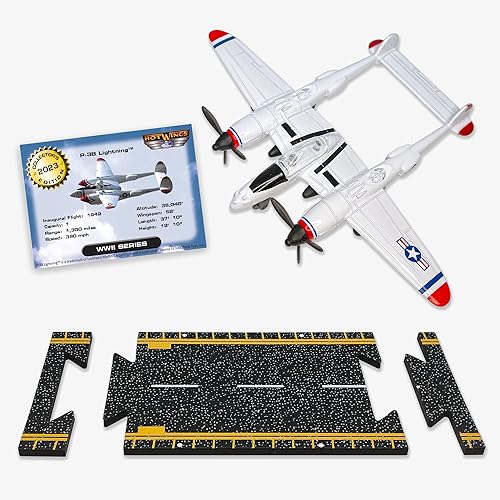 Hot Wings Planes P-38 Jet (punta roja) con pista conectable, avión fundido a presión blanco/rojo en museos de aviación a nivel nacional