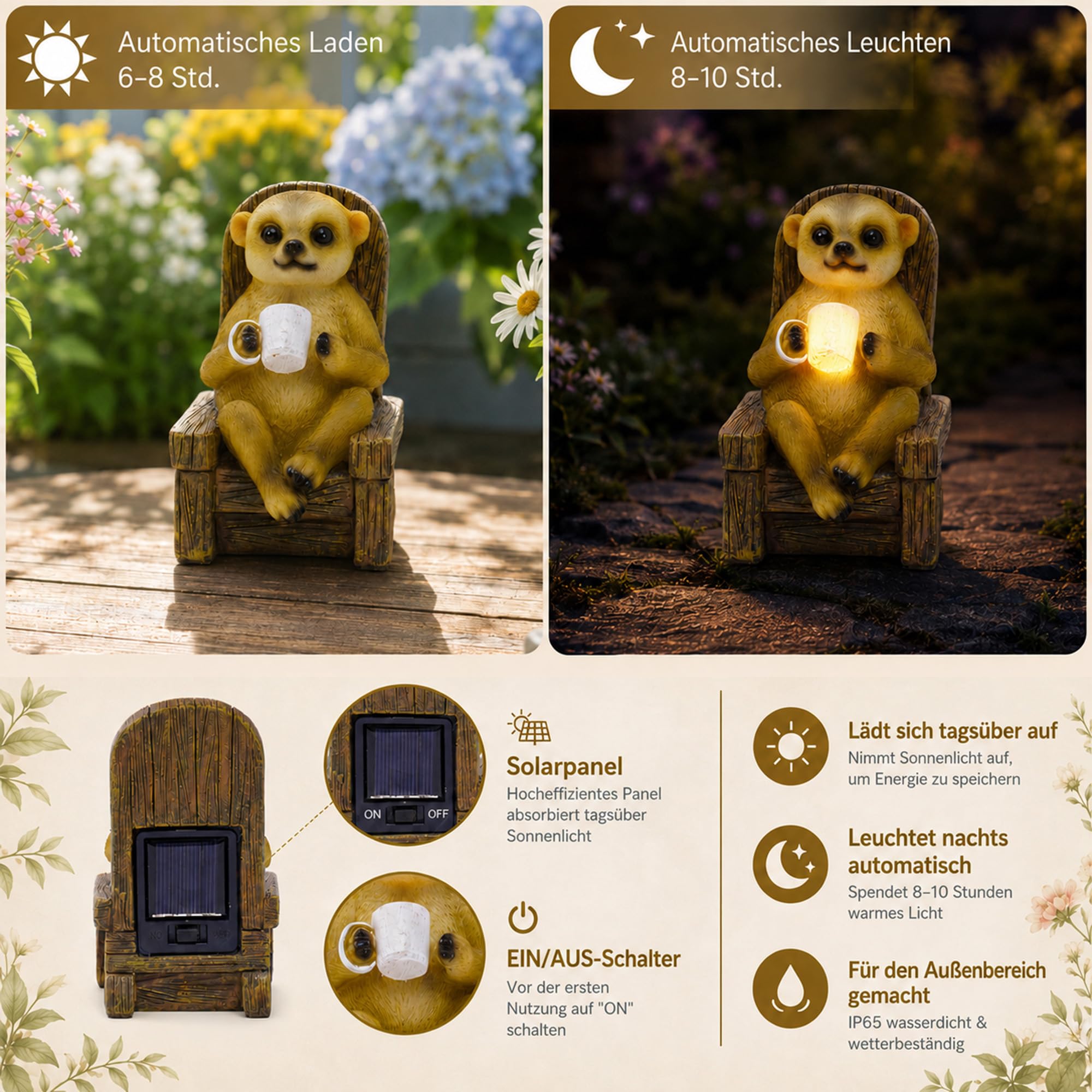 Yeomoo Figuras de jardín de suricatos con lámparas solares para exteriores – Divertidos suricatos bebiendo café en la mecedora regalos para mujeres, mamá, cumpleaños, decoración impermeable para