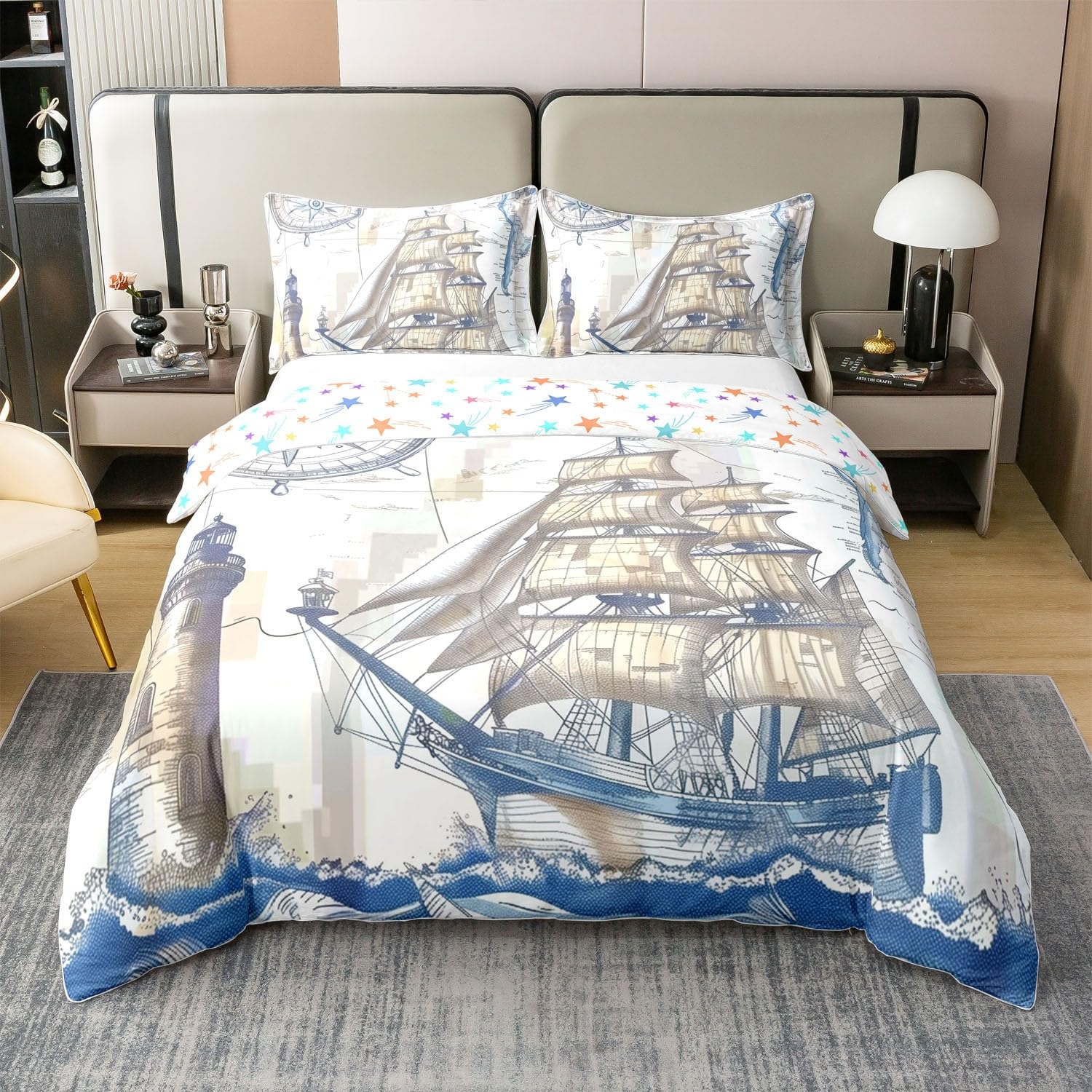 Housse de couette phare retro pour decorer une chambre enfant theme marin unique