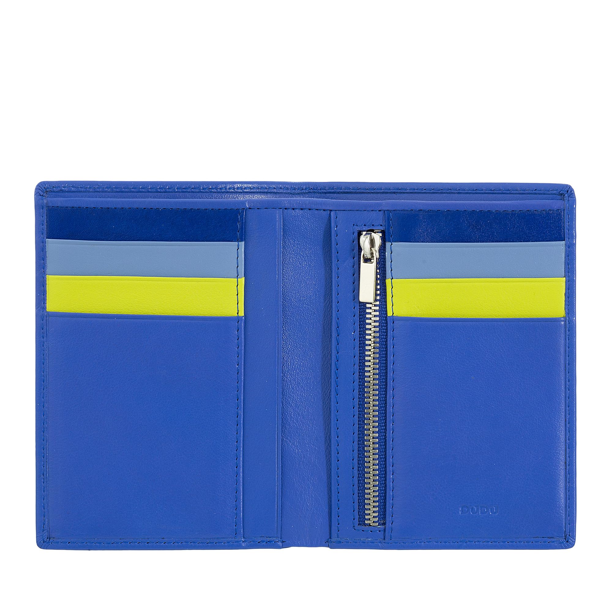 DUDU Portafoglio Uomo Slim di Vera Pelle, Piccolo e Sottile, Porta Soldi e Carte di Credito, Portacarte Compatto con Cerniera Zip Interna, Design Minimal Fiordaliso