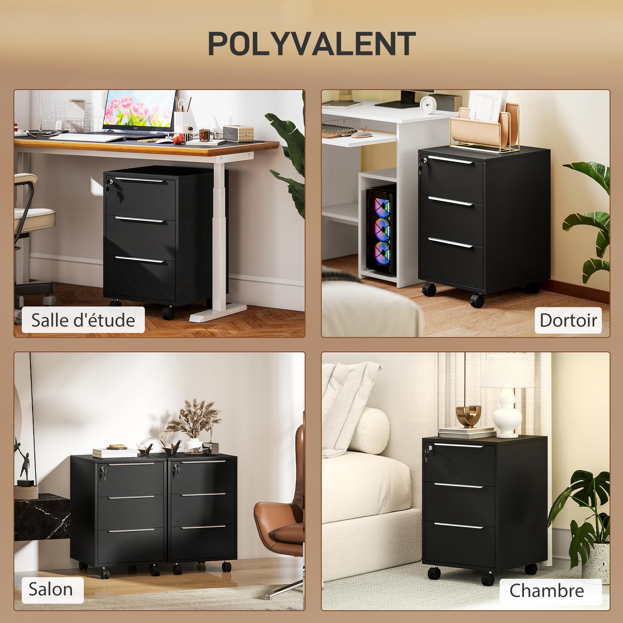 HOMCOM Cassettiera da scrivania mobile con 3 cassetti e serratura, mobile da scrivania su ruote, per documenti e stampante, contenitore compatto per lavoro o camera da letto, 40 x 40 x 63,5 cm, nero