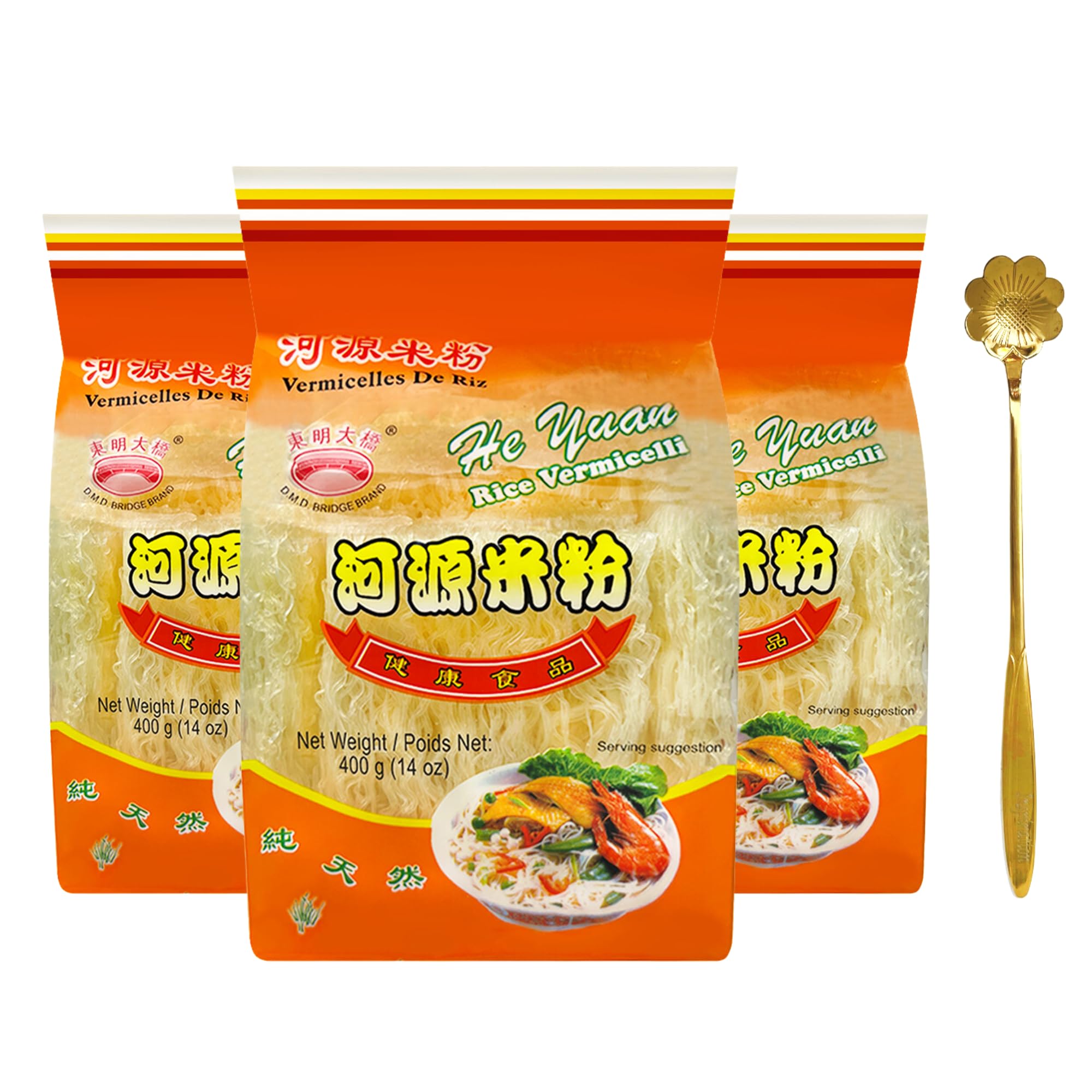 D.M.D BRIDGE BRAND Rice Vermicelli Noodles, He Yuan Thin Rice Noodles, Maifun Rice Great for Traditional Thai, Vietnamese, Chinese, Japanese Stir Fry & Soups 14oz (400 g) 3 PACK + 1 Steel Spoon