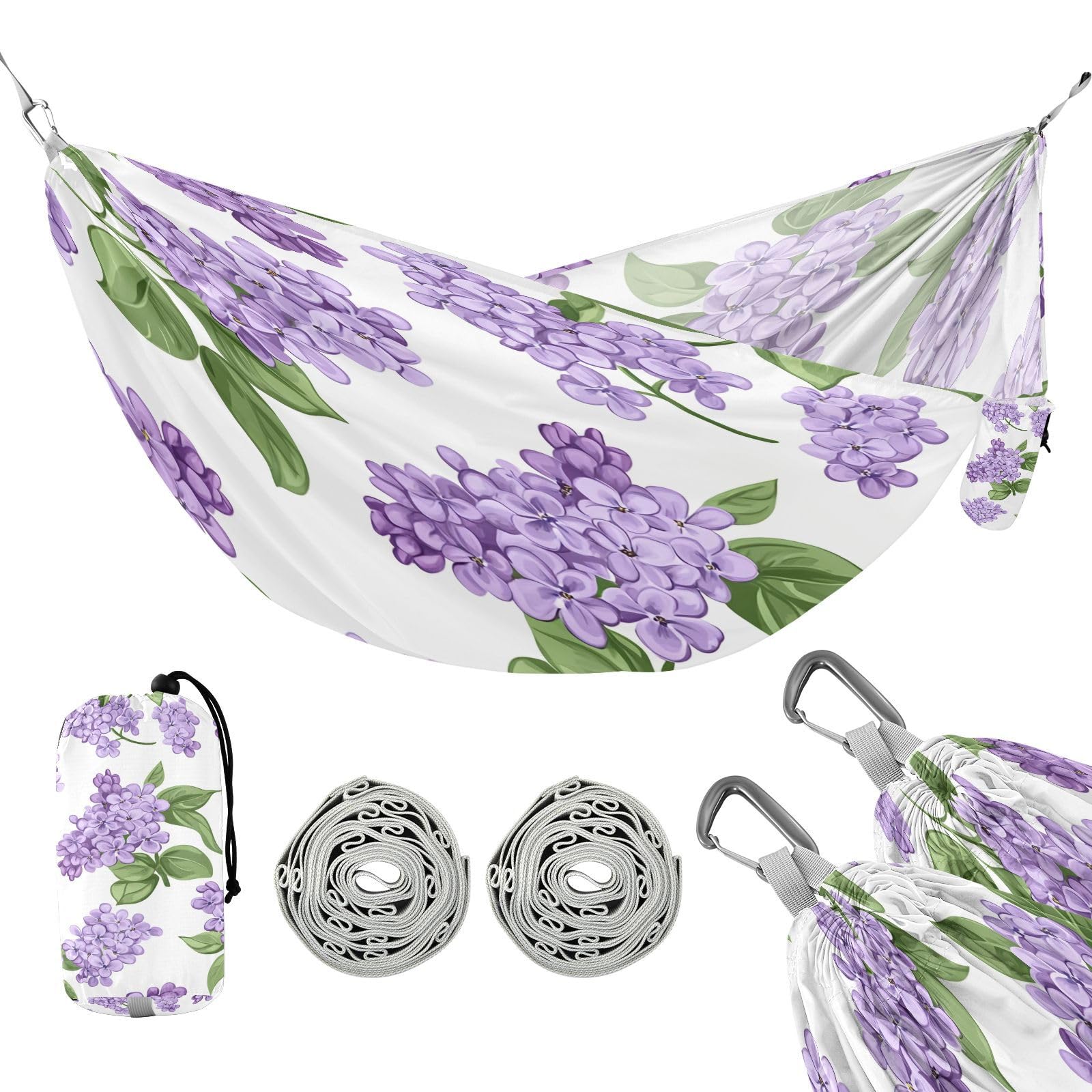 ATTX Lilac Flowers Camping Hammock - Lightweight & Portable Hammocks, Heavy Duty 330lbs Capacity for Indoor, Hiking, Backpacking, Travel, Backyard, Beach#576