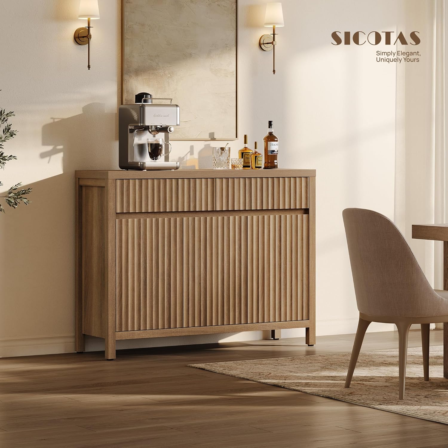 SICOTAS Fluted Sideboard Buffet Cabinet with Storage – 42" Credenza Accent Cabinet with 2 Drawers and 3 Doors, Modern Entryway Cabinet Console with Adjustable Shelves for Living Room, Kitchen