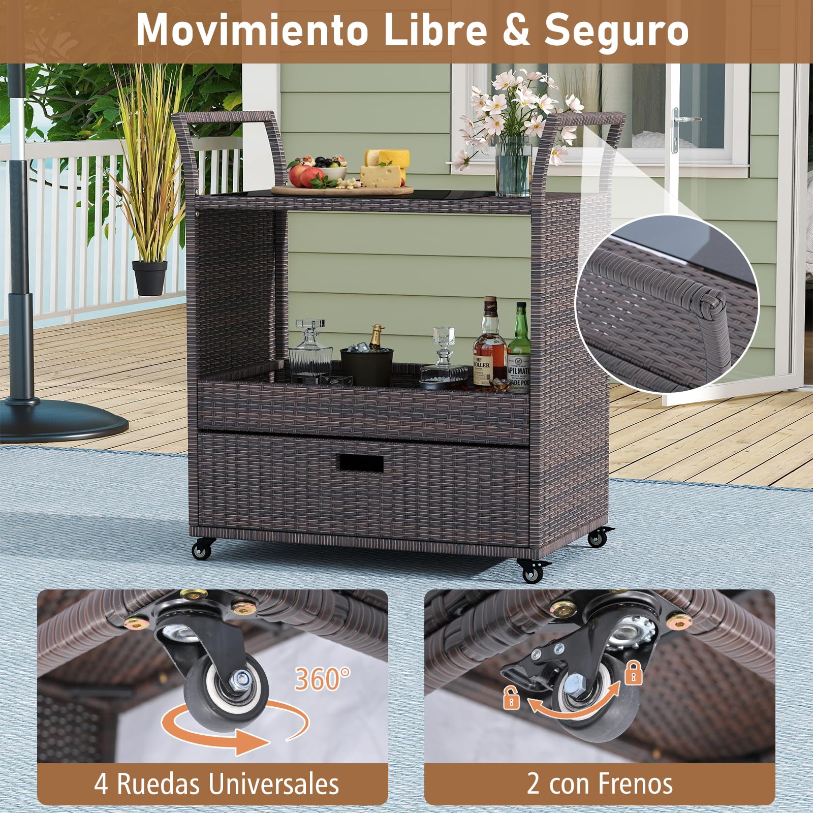 COSTWAY Carrito de Ratán para Exterior, Mesa Auxiliar Rodante con Encimera de Vidrio Templado, Estante Abierto y Cajón Grande, Carro de Servicio de Ratán PE para Patio Porche Jardín Piscina