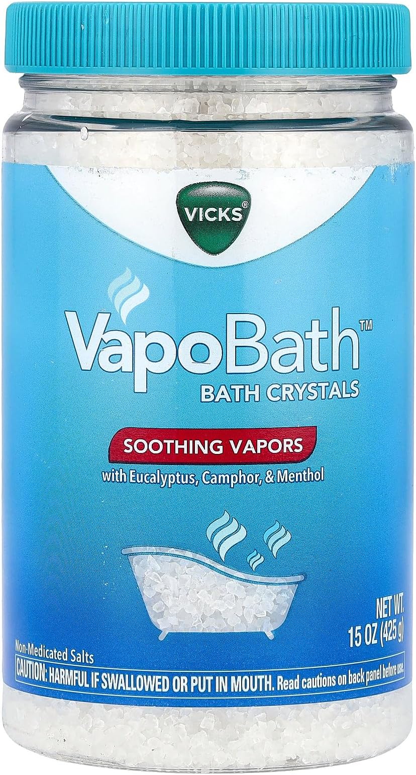 Vicks VapoBath, Bath Salts, Bath Bomb, Non-Medicated Bath Crystals, Comforting Vicks Vapors, Vapor Bath, Aromatherapy with Eucalyptus and Menthol Scent, Contains Essential Oils, 15 OZ
