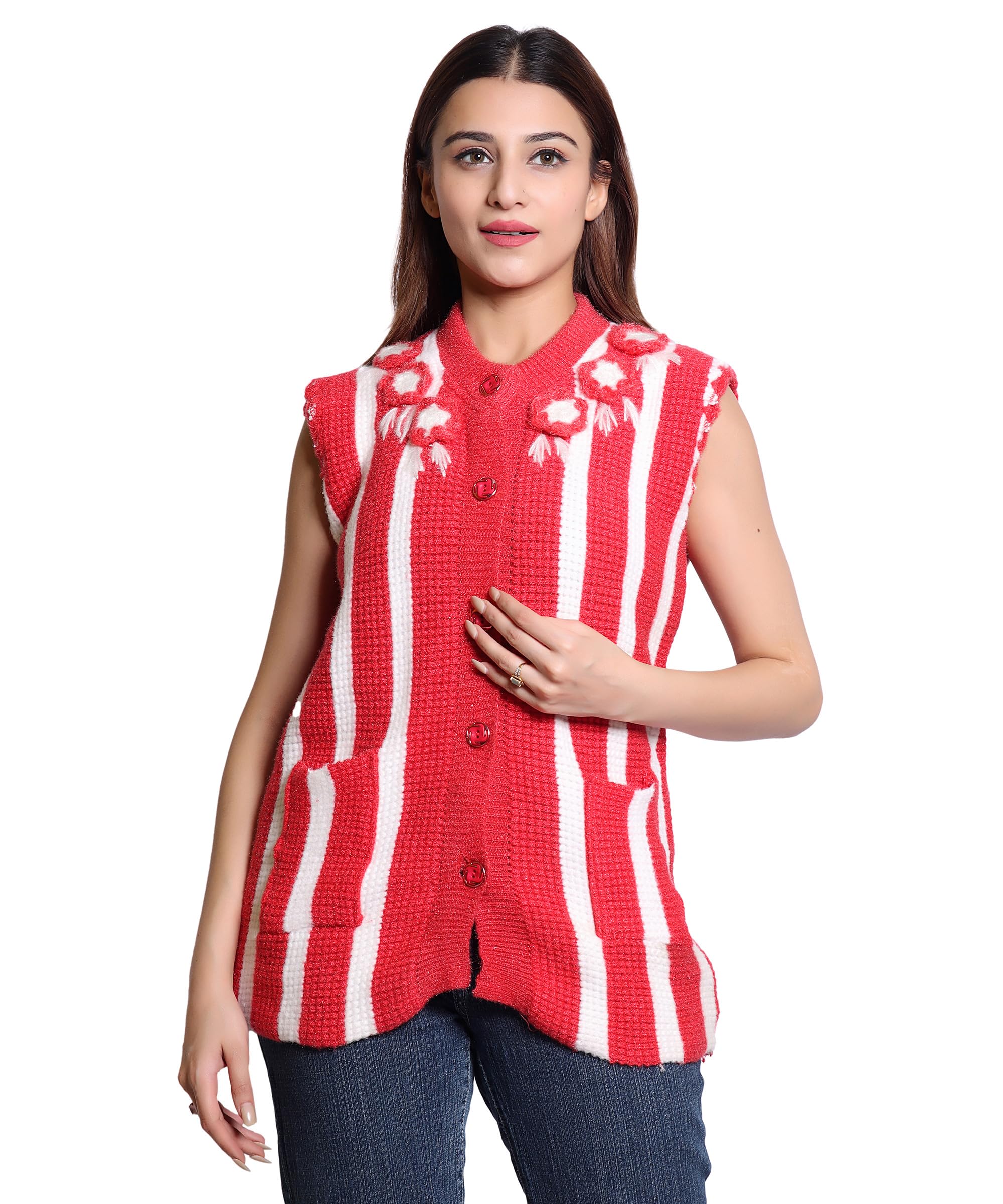 Women's Sleeveless Knitted Sweater Vest with Pockets and Floral Detail, Hand-Knit Style Button-Front Sweater Vest for Layering (pack of 1) (IN, Alpha, M, Regular, RED)