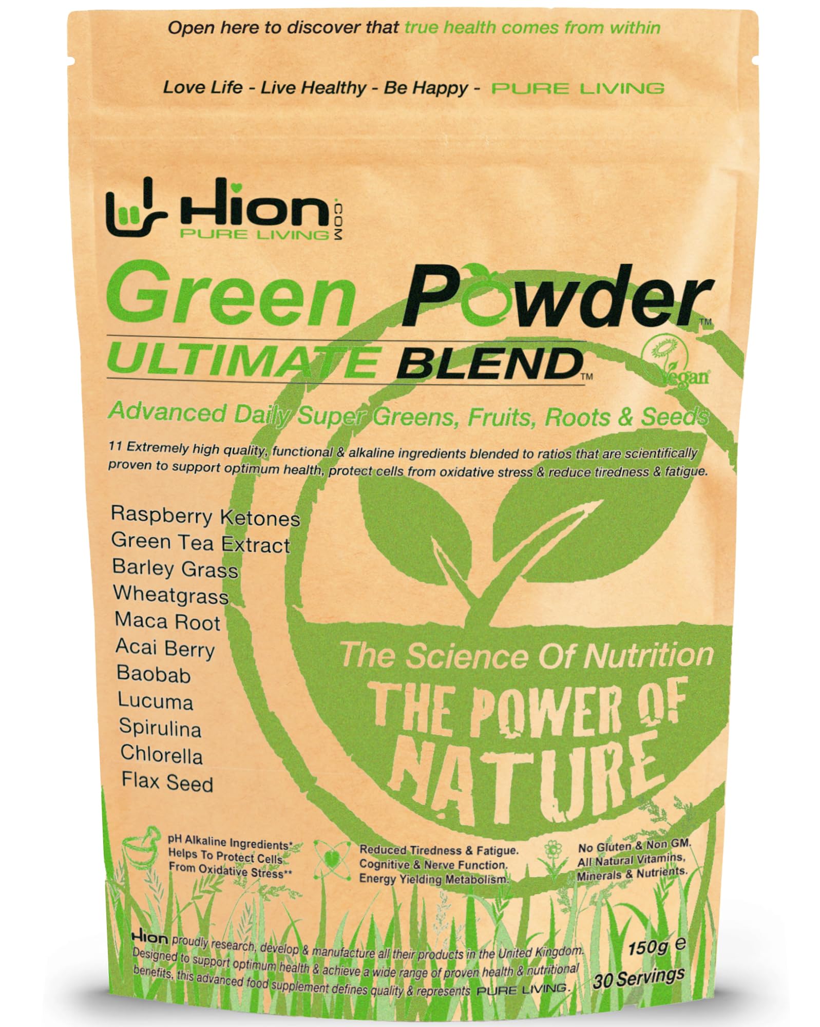 Hion Super Greens Powder | 11 Superfoods incl. Wheatgrass, Spirulina, Chlorella & Green Tea | Energy, Gut & Immune Support | No Fillers | Vegan & Gluten-Free | 30 Servings | Award-Winning & UK Made