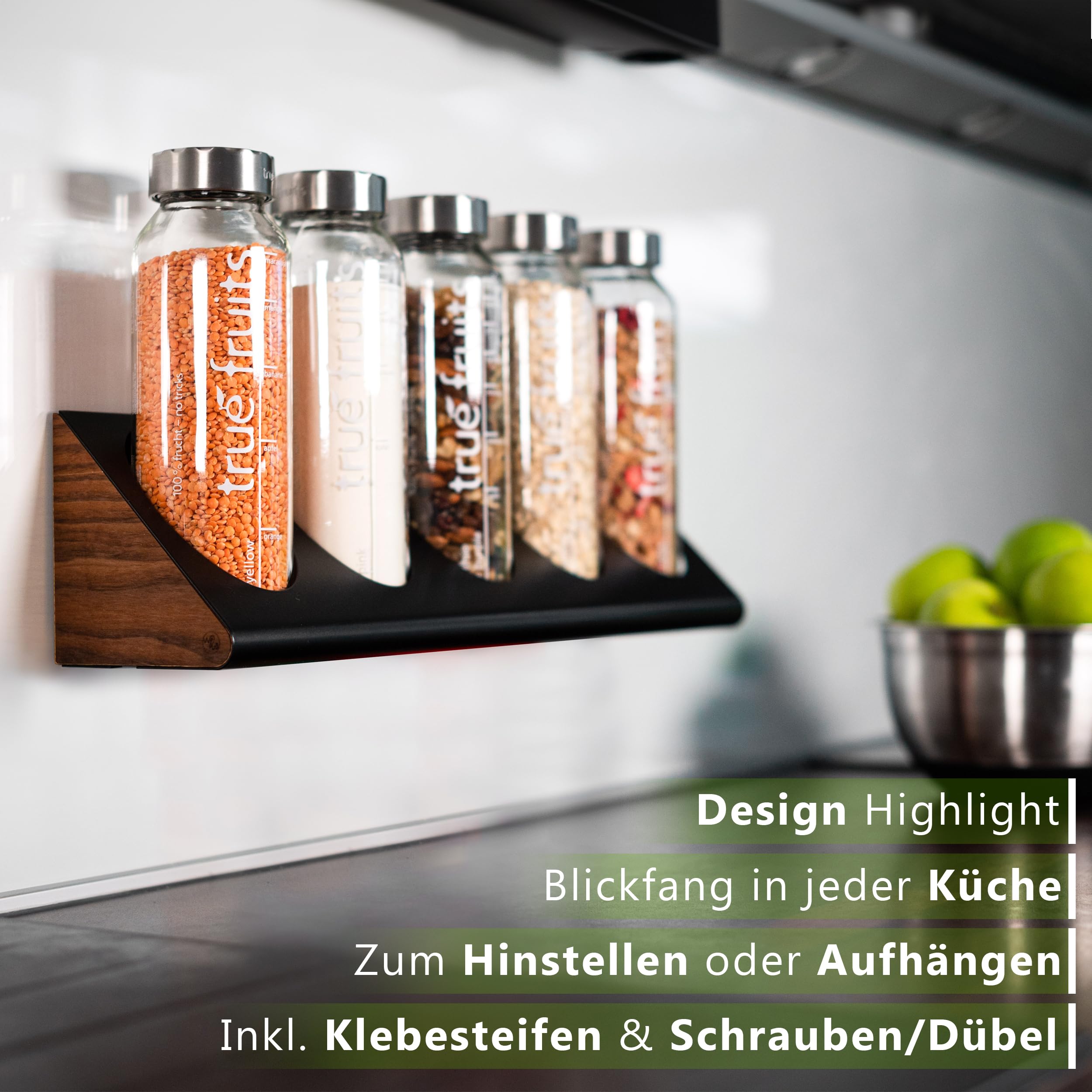 Flaschenregal und Küchenorganizer - Echtholz Eiche/Walnuss, für 3 oder 5 true fruits Flaschen, Wandmontage Gewürzregal, Küchenaufbewahrung, Küchenregal, Made in Germany (Eiche, für 5 Flaschen)