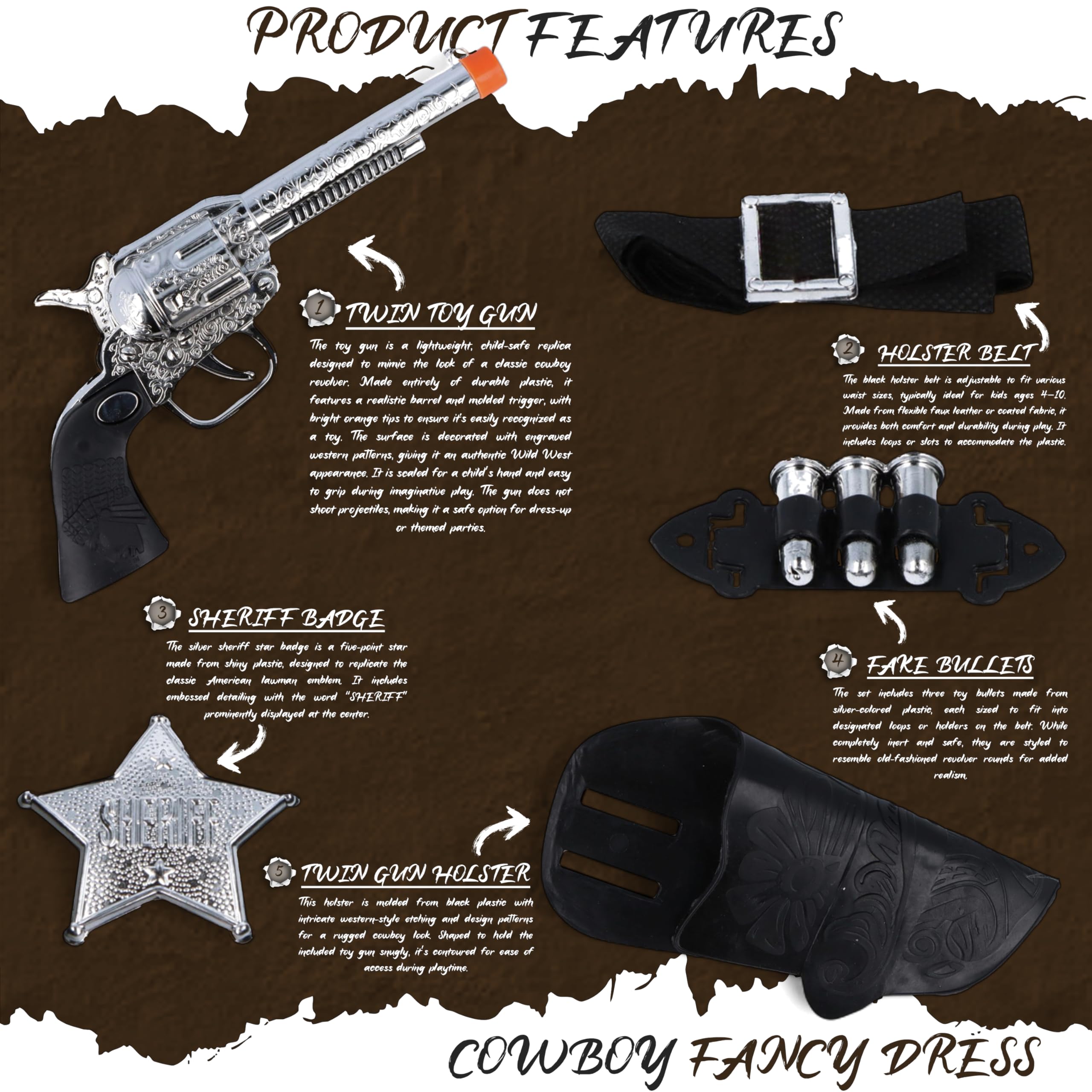 Western Wild West Cowboy Sheriff 7-Piece Accessory Set including 2x Toy Gun with Holster + Belt + Bullets + Badge - Image 4