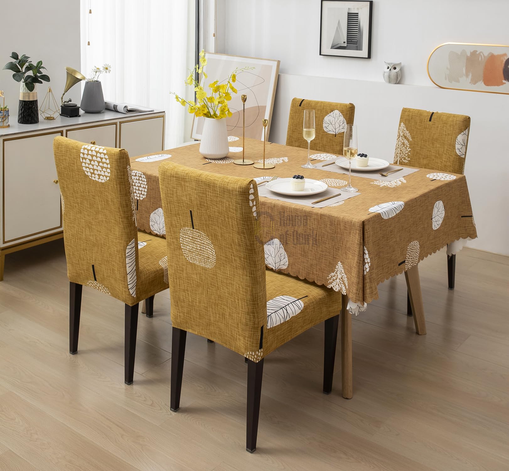 House of Quirk Polyester Dining Chair Cover with Table Covers for Kitchen Waterproof Dining Table Cloth (Mustard Flower, 1 Table Cover + 4 Chair Cover, Rectangular)